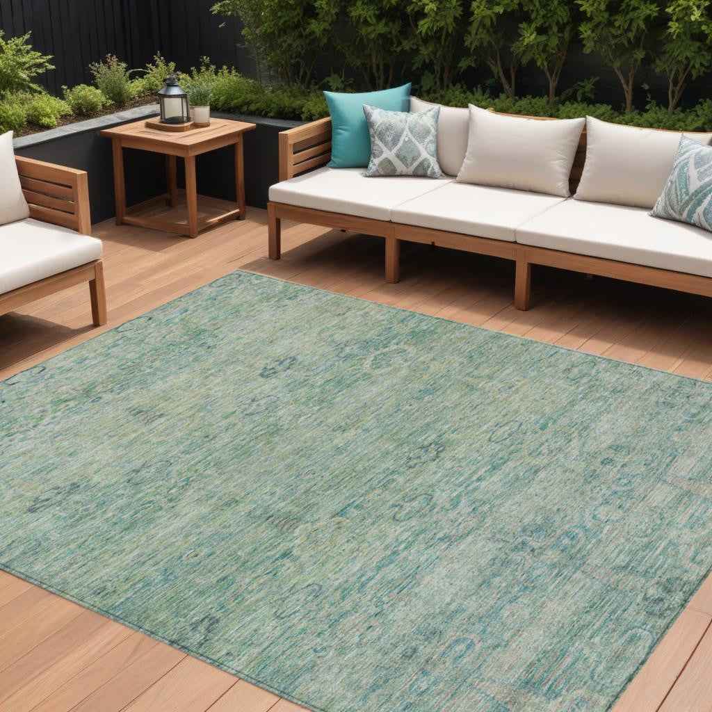 8' X 10' Teal Blue And Linen Oriental Washable Indoor Outdoor Area Rug