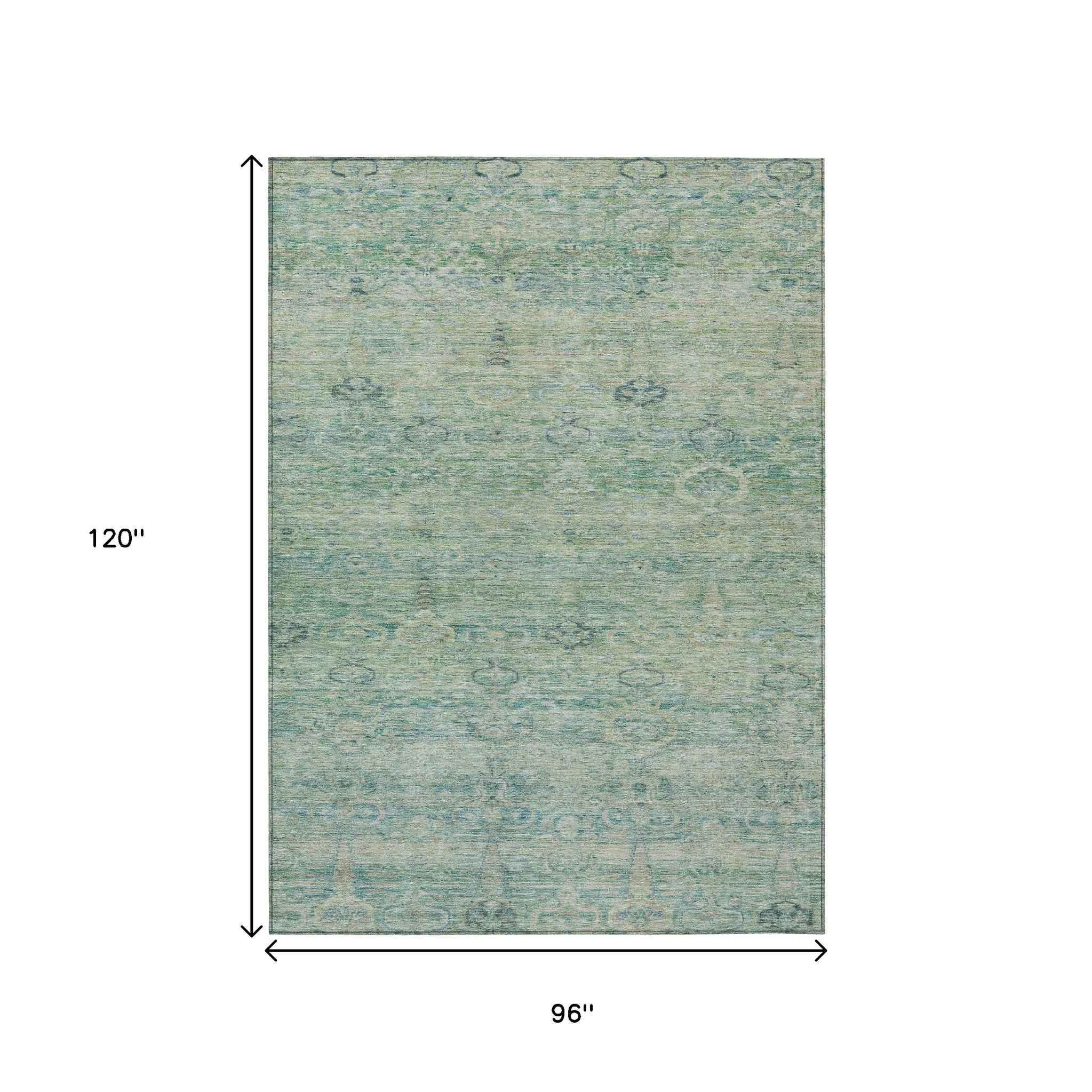 8' X 10' Teal Blue And Linen Oriental Washable Indoor Outdoor Area Rug