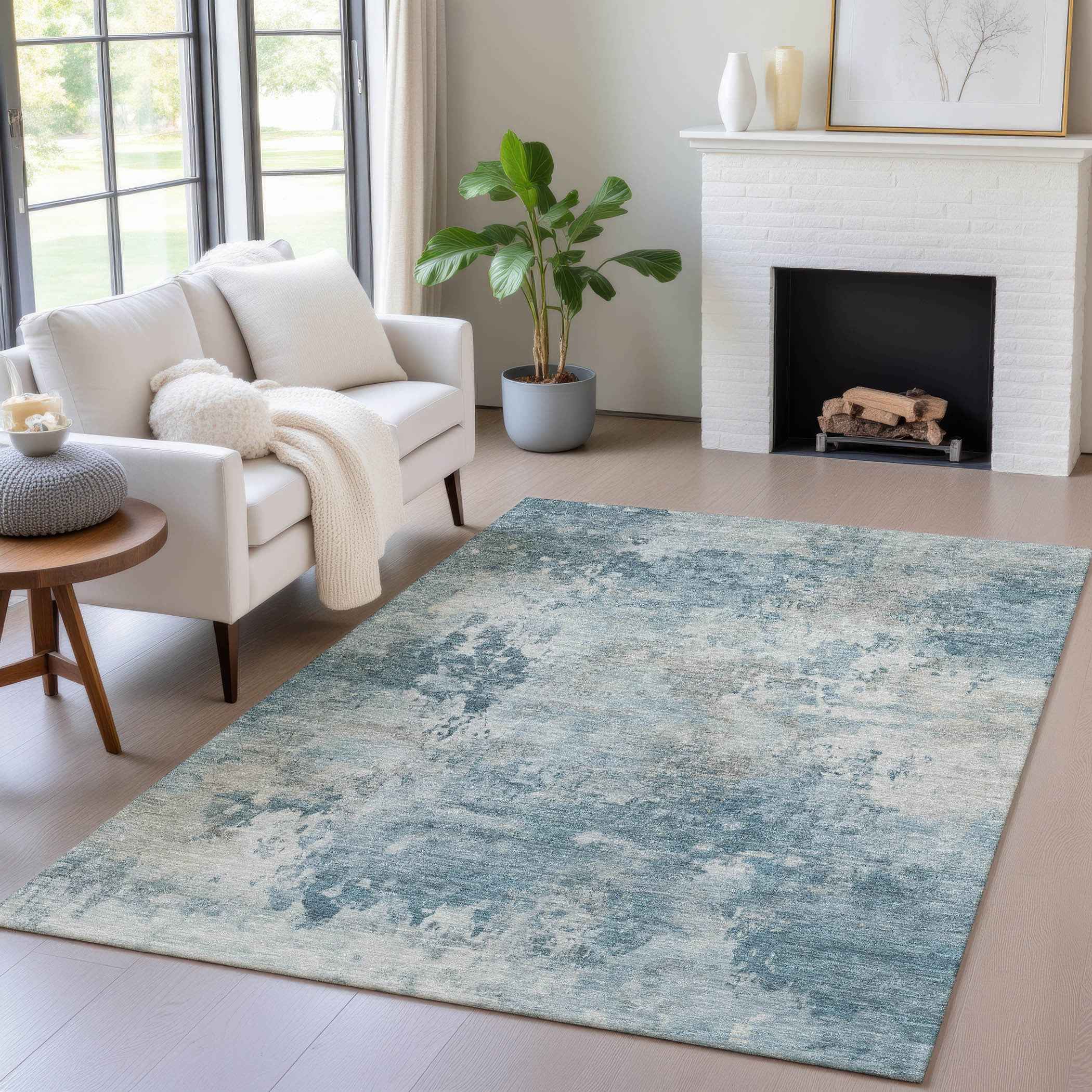 8' X 10' Teal Blue And Beige Abstract Washable Indoor Outdoor Area Rug