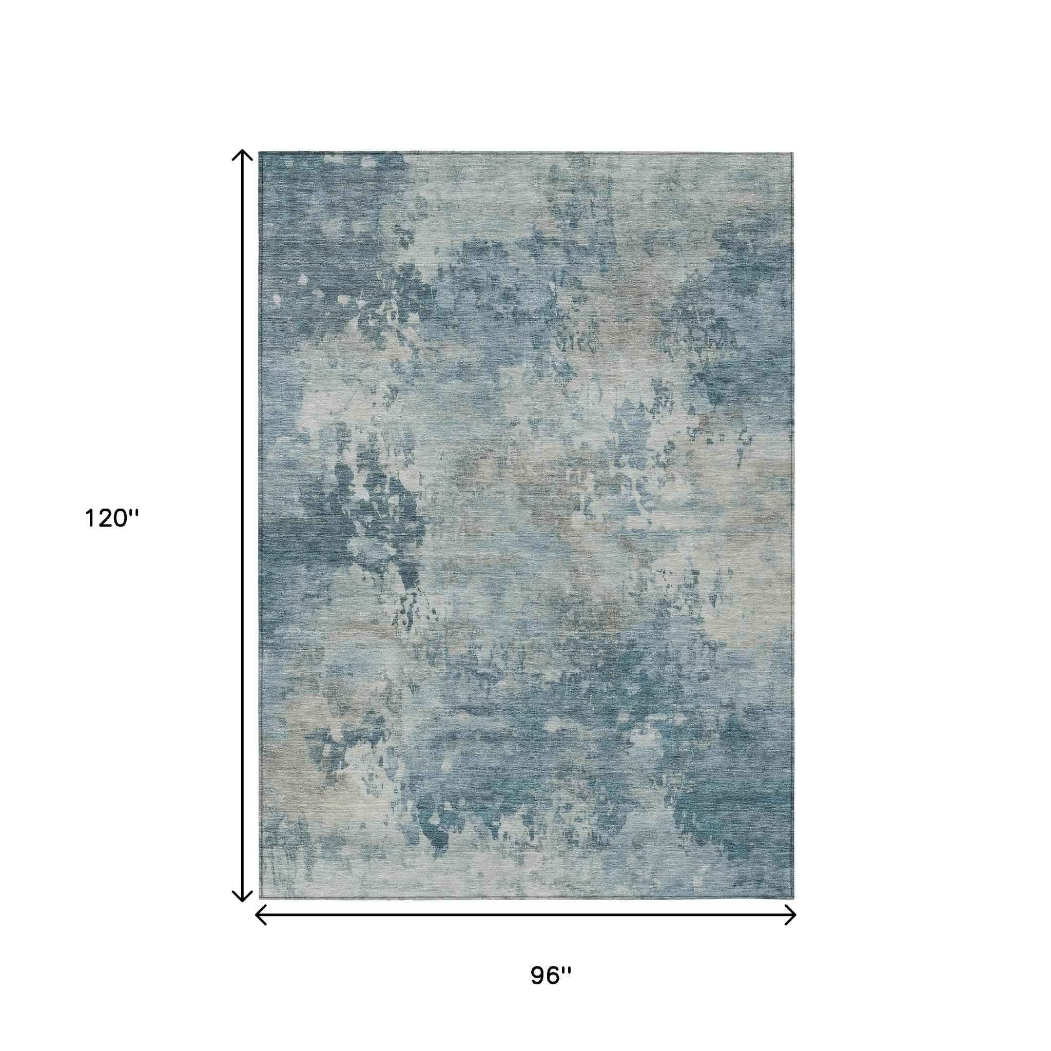 8' X 10' Teal Blue And Beige Abstract Washable Indoor Outdoor Area Rug