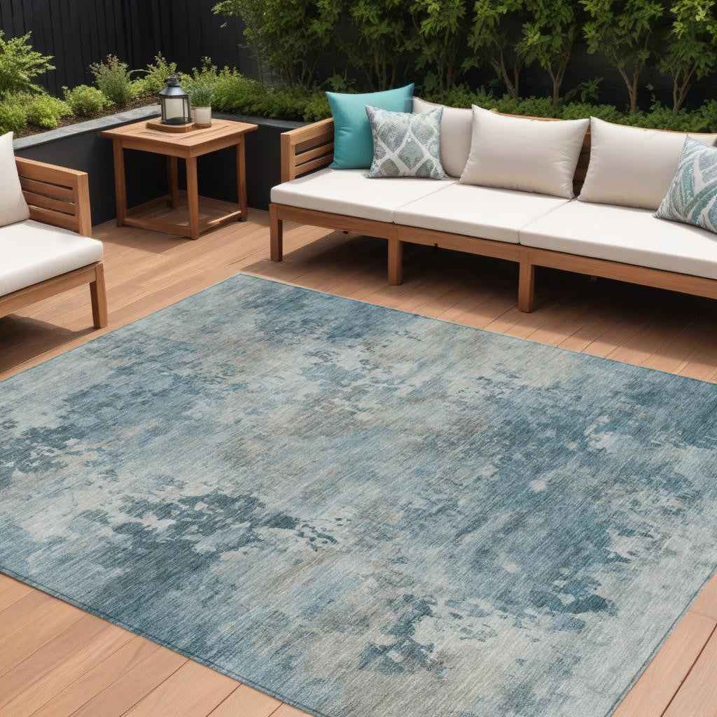 8' X 10' Teal Blue And Beige Abstract Washable Indoor Outdoor Area Rug