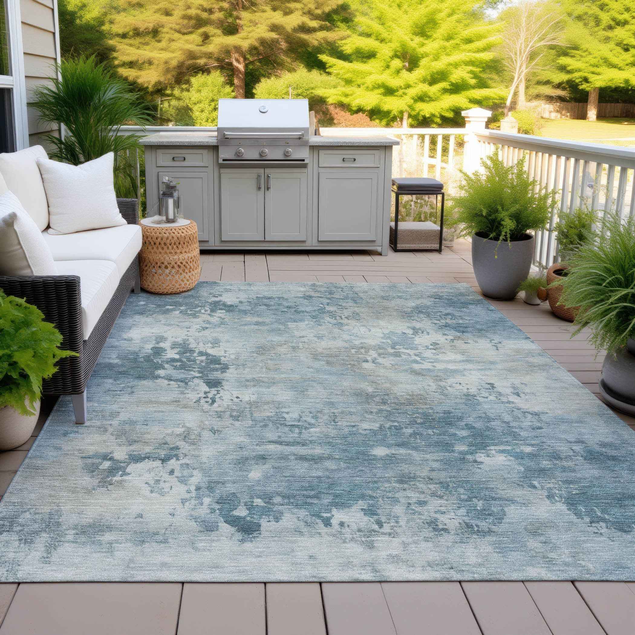8' X 10' Teal Blue And Beige Abstract Washable Indoor Outdoor Area Rug