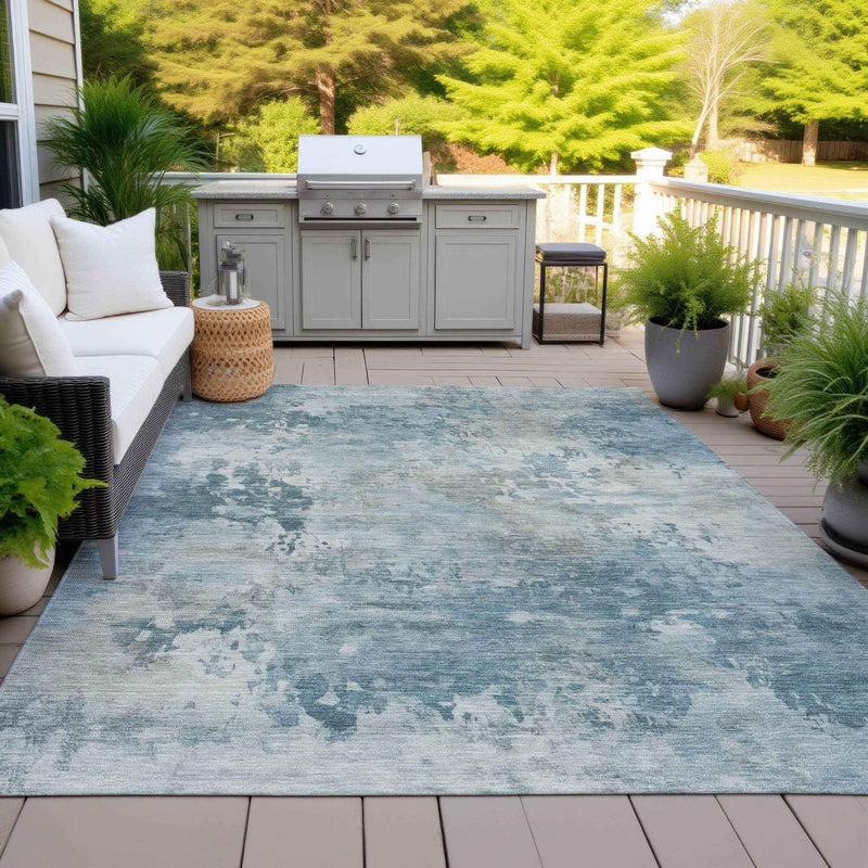 8' X 10' Teal Blue And Beige Abstract Washable Indoor Outdoor Area Rug