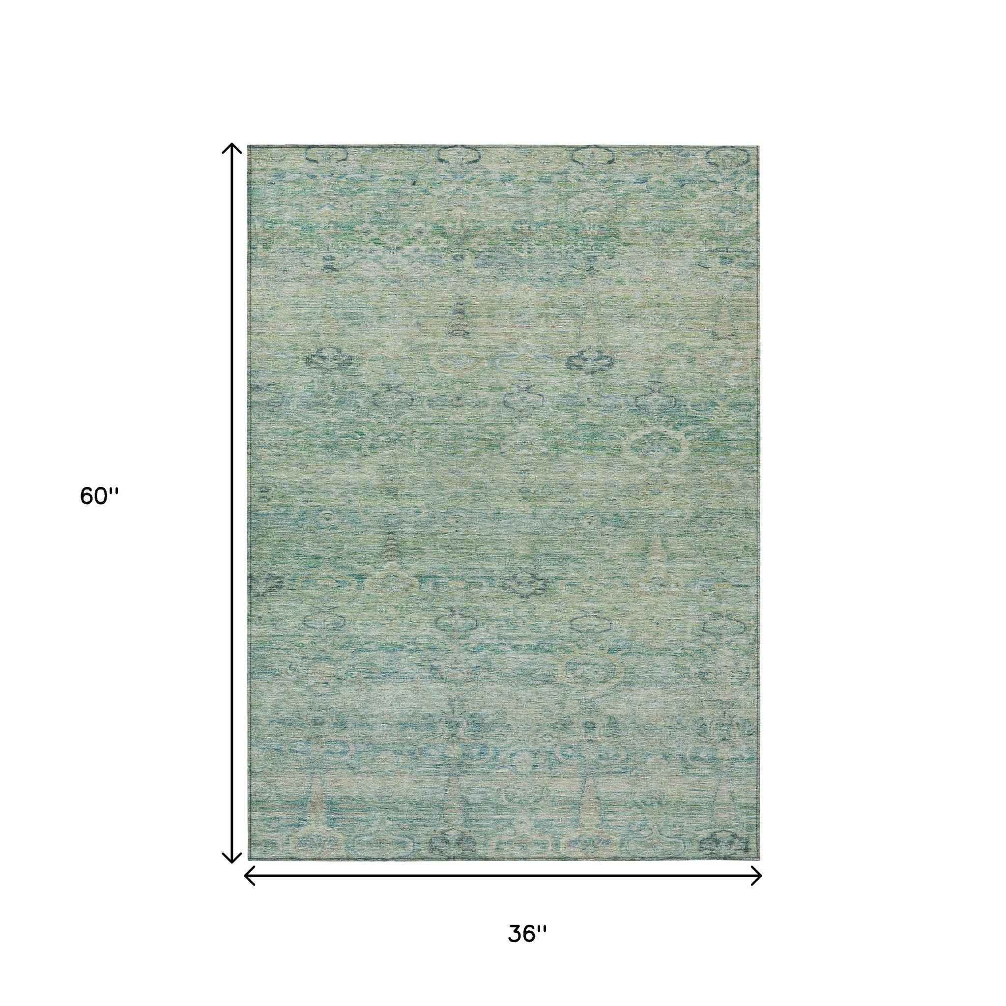 3' X 5' Teal Blue And Linen Oriental Washable Indoor Outdoor Area Rug