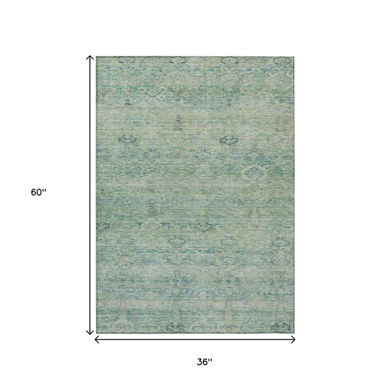 3' X 5' Teal Blue And Linen Oriental Washable Indoor Outdoor Area Rug