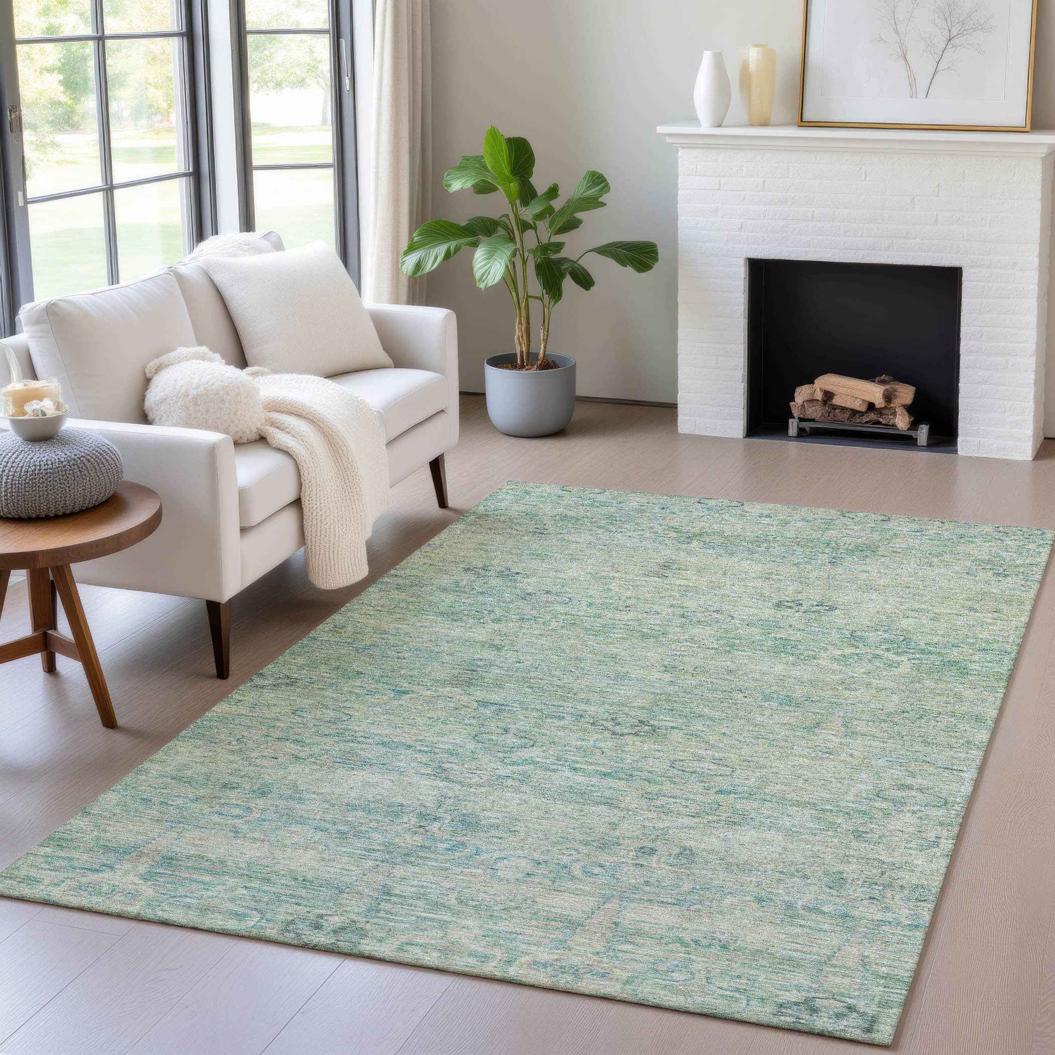 3' X 5' Teal Blue And Linen Oriental Washable Indoor Outdoor Area Rug