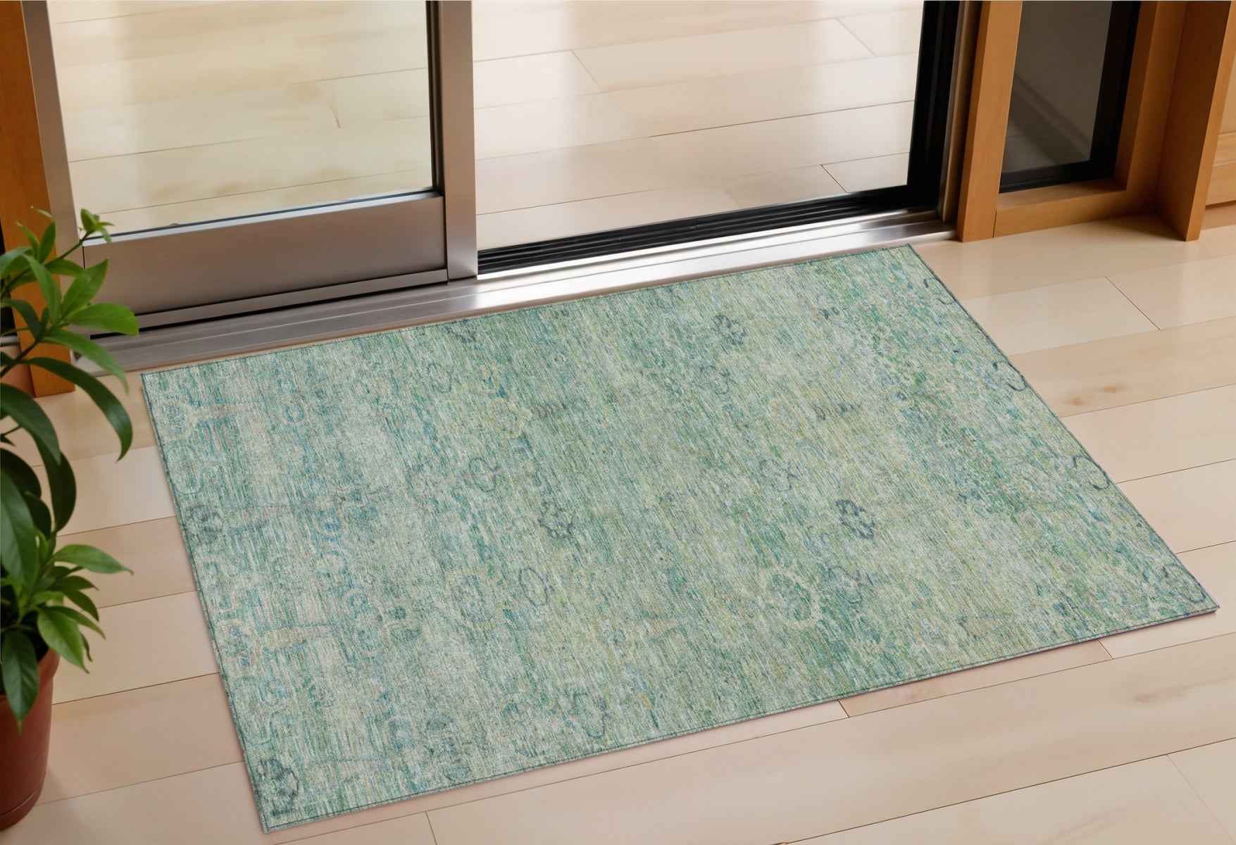 3' X 5' Teal Blue And Linen Oriental Washable Indoor Outdoor Area Rug