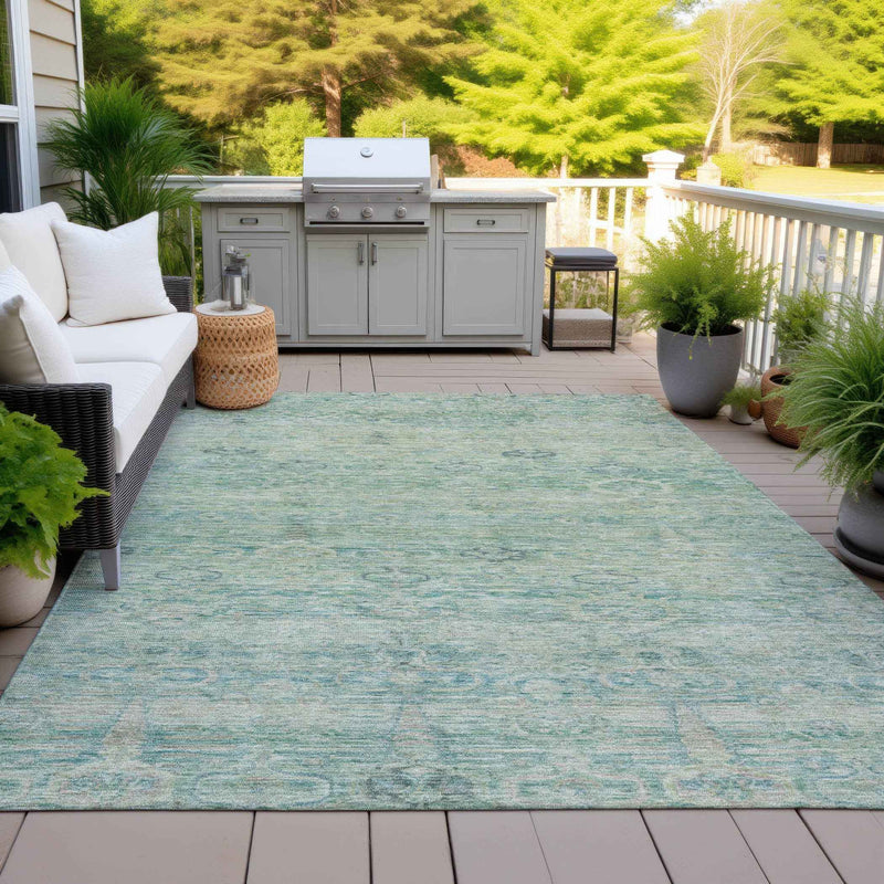 3' X 5' Teal Blue And Linen Oriental Washable Indoor Outdoor Area Rug