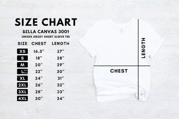 White short-sleeve T-shirt on size chart graphic, crew neck