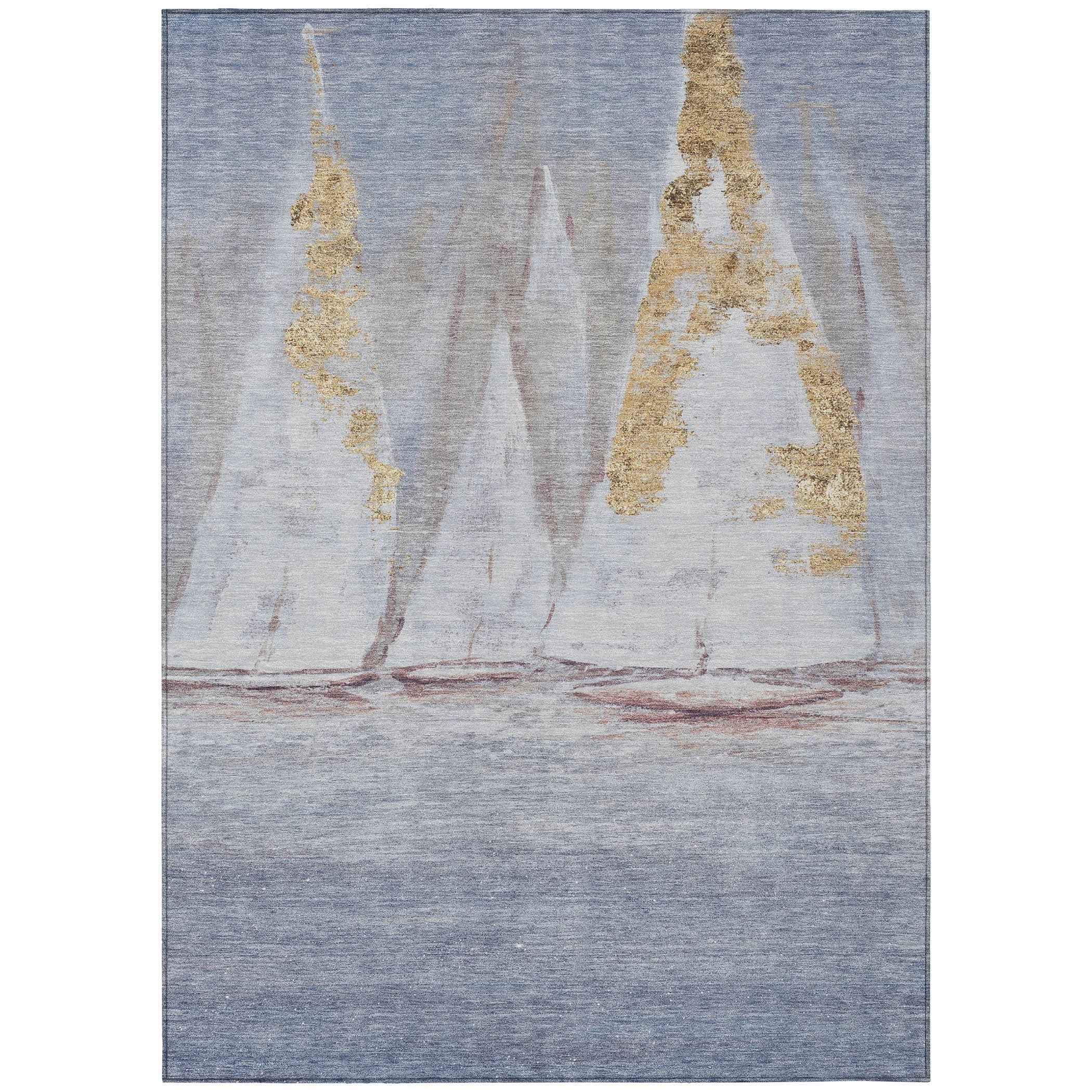 8' X 10' Blue And Gold Nautical Washable Indoor Outdoor Area Rug