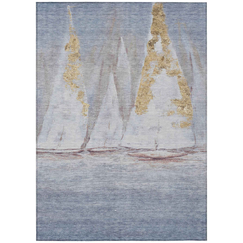 8' X 10' Blue And Gold Nautical Washable Indoor Outdoor Area Rug