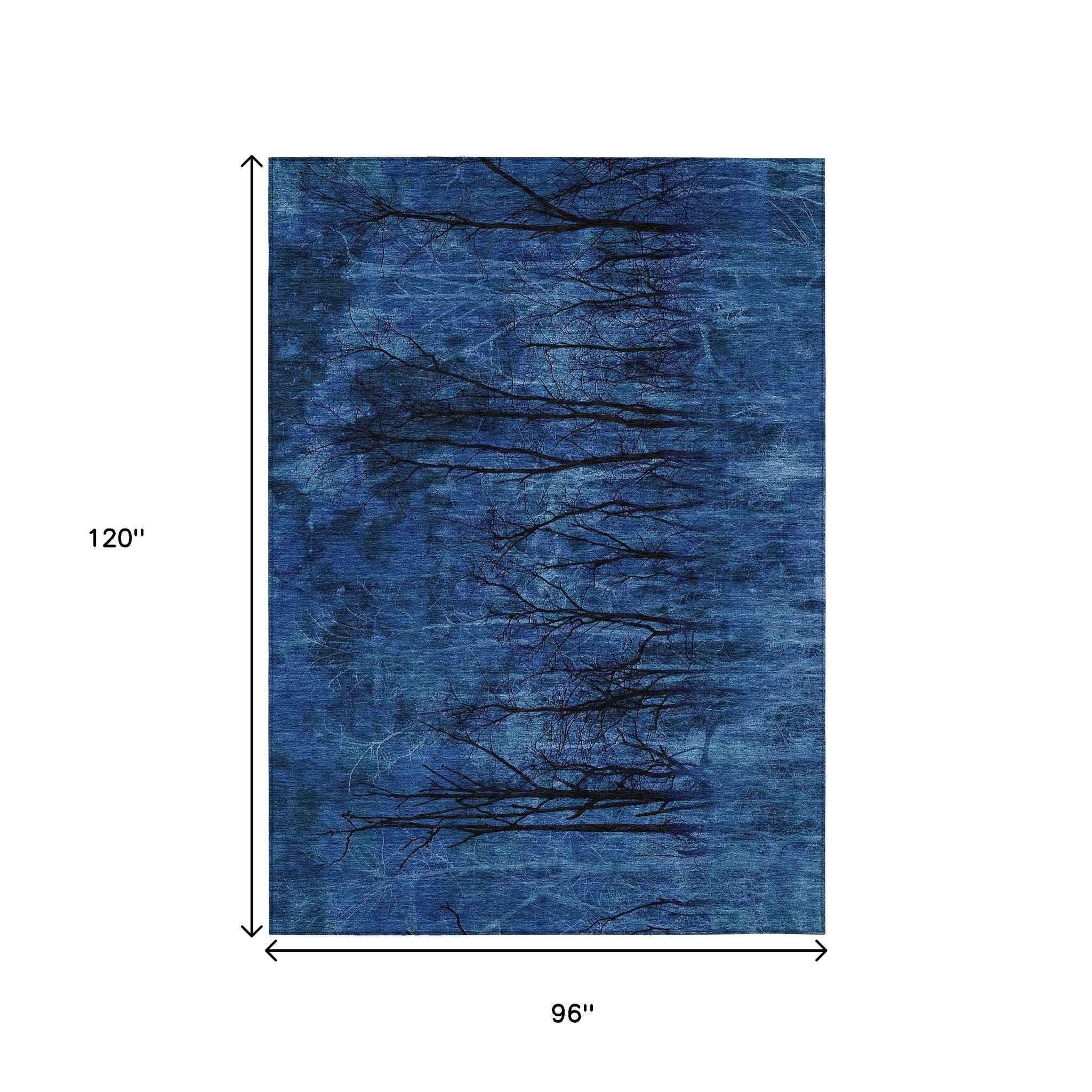 8' X 10' Blue And Charcoal Floral Washable Indoor Outdoor Area Rug