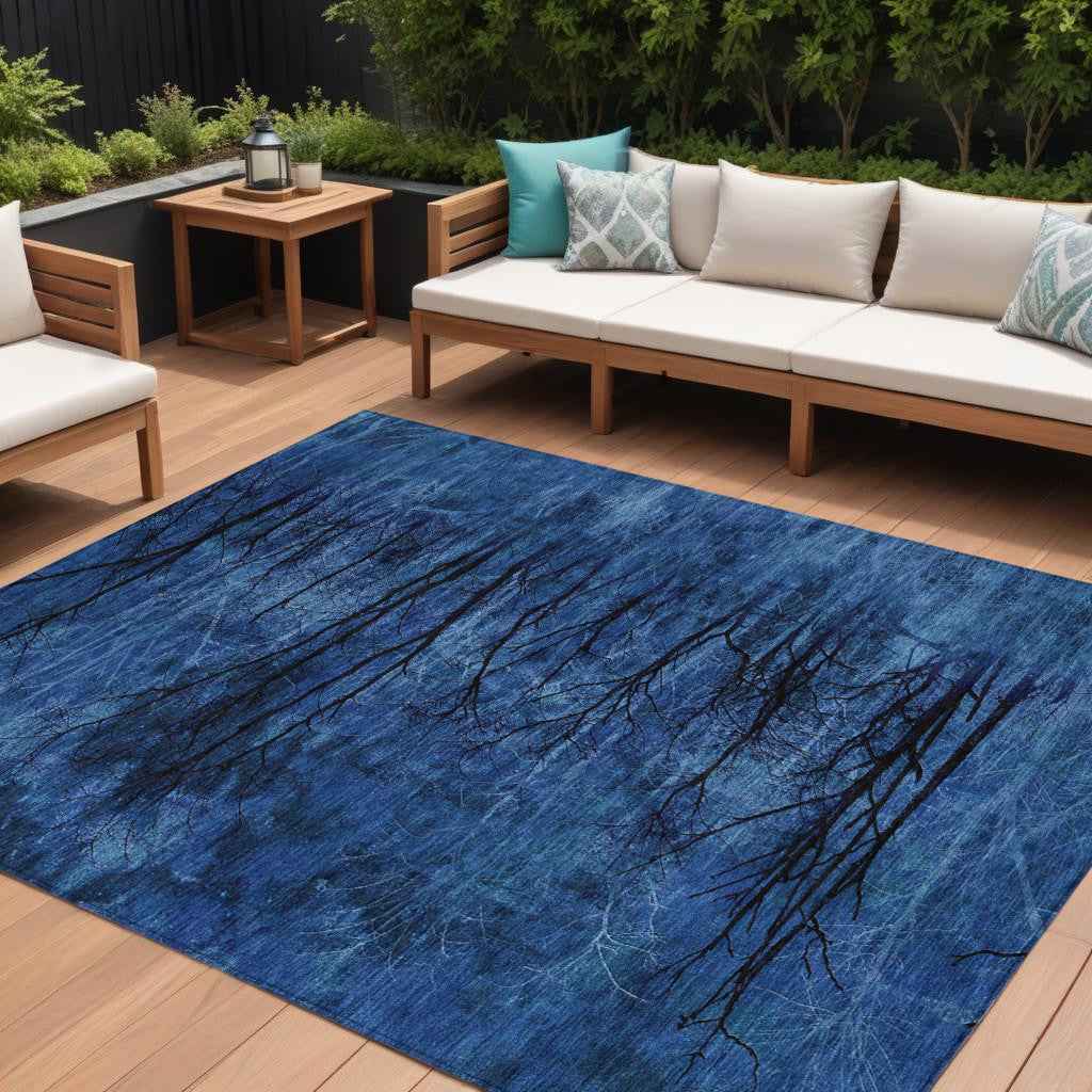 8' X 10' Blue And Charcoal Floral Washable Indoor Outdoor Area Rug