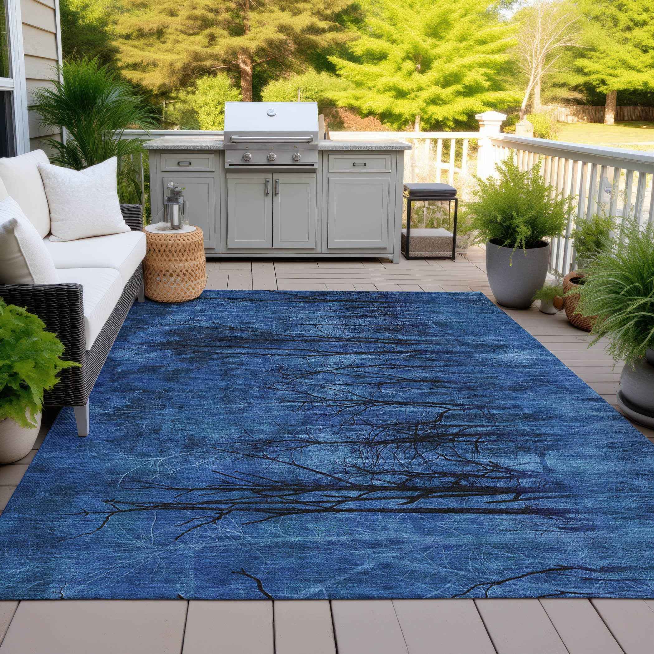 8' X 10' Blue And Charcoal Floral Washable Indoor Outdoor Area Rug