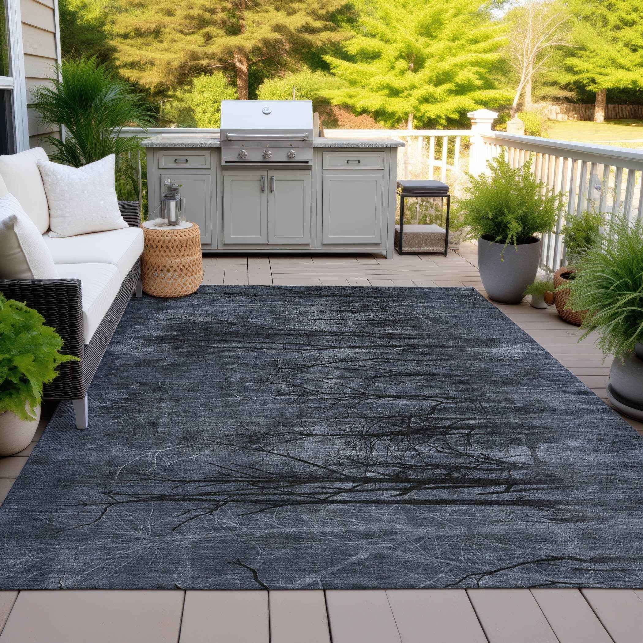 8' X 10' Charcoal And Gray Floral Washable Indoor Outdoor Area Rug