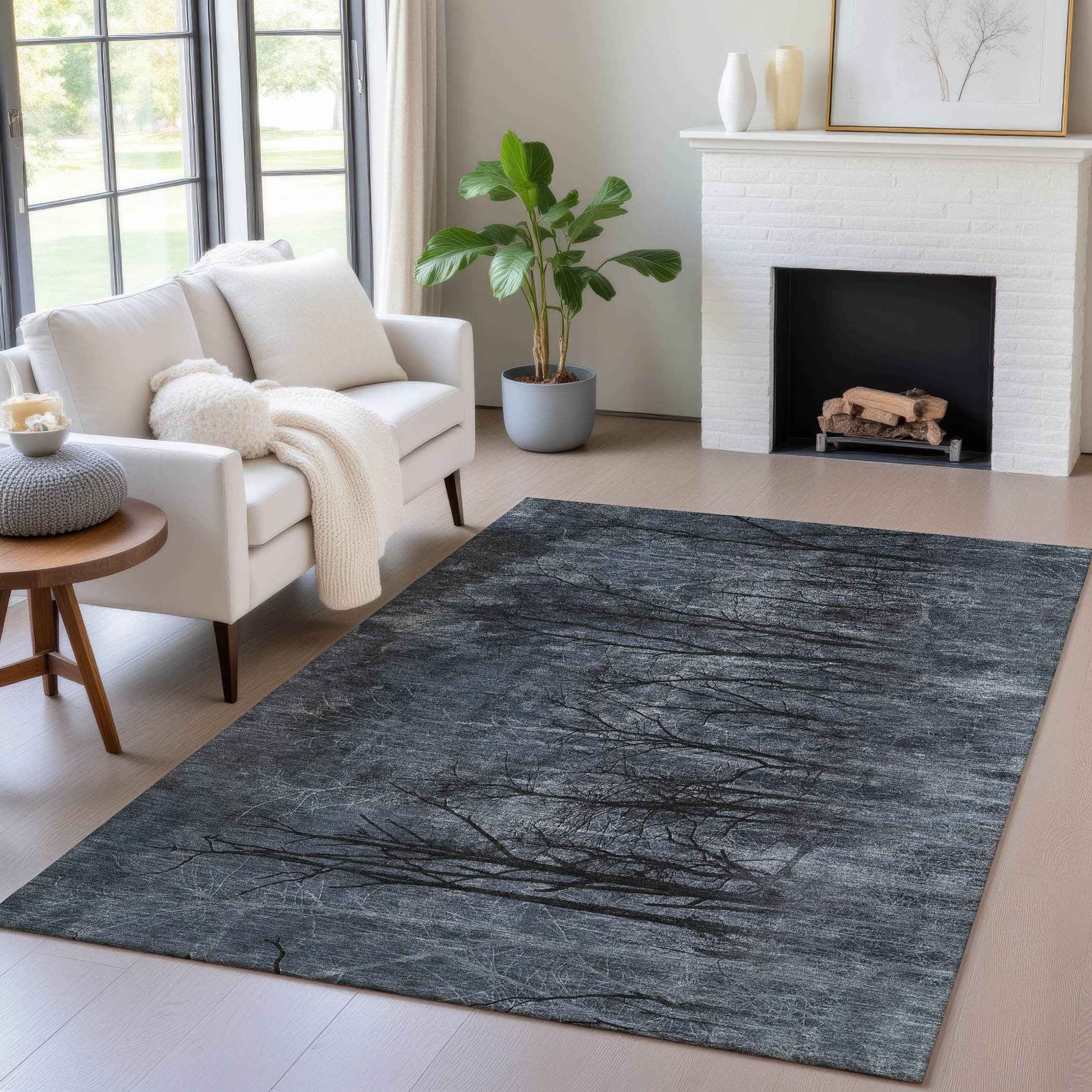 8' X 10' Charcoal And Gray Floral Washable Indoor Outdoor Area Rug