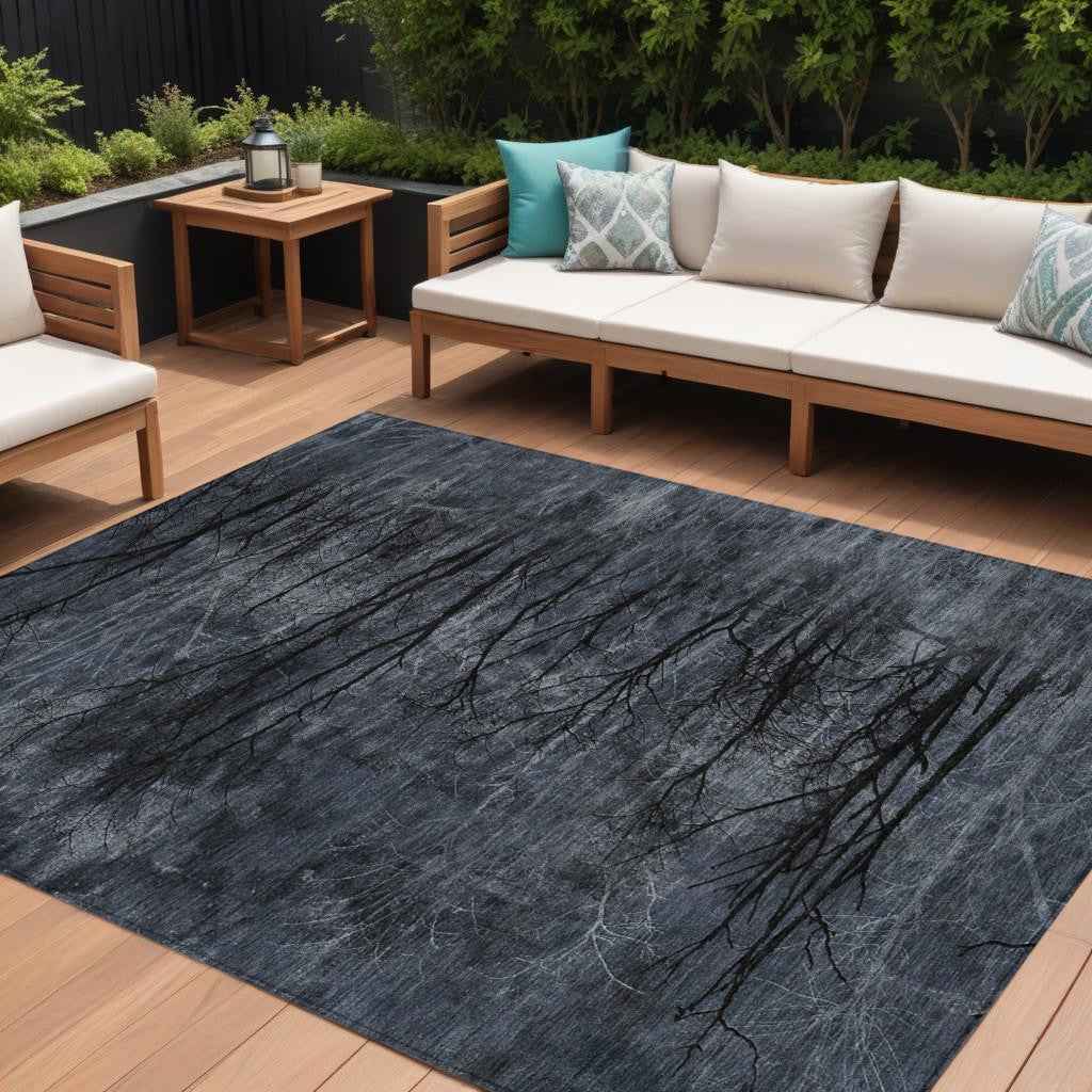 8' X 10' Charcoal And Gray Floral Washable Indoor Outdoor Area Rug