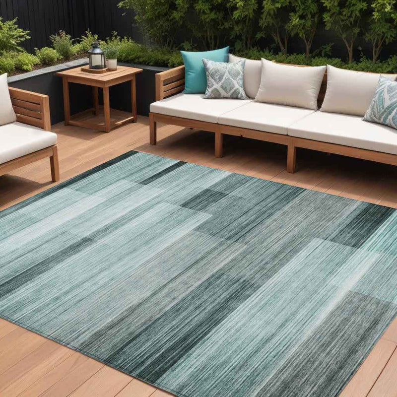 8' X 10' Teal Blue And Ivory Striped Washable Indoor Outdoor Area Rug