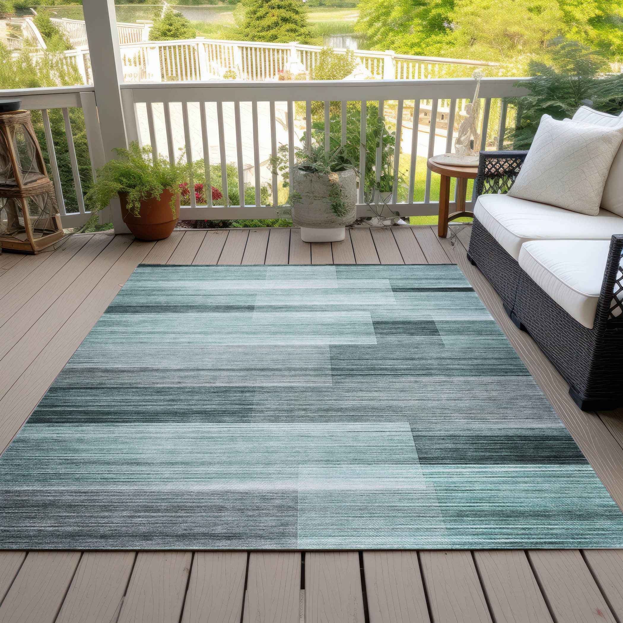 8' X 10' Teal Blue And Ivory Striped Washable Indoor Outdoor Area Rug