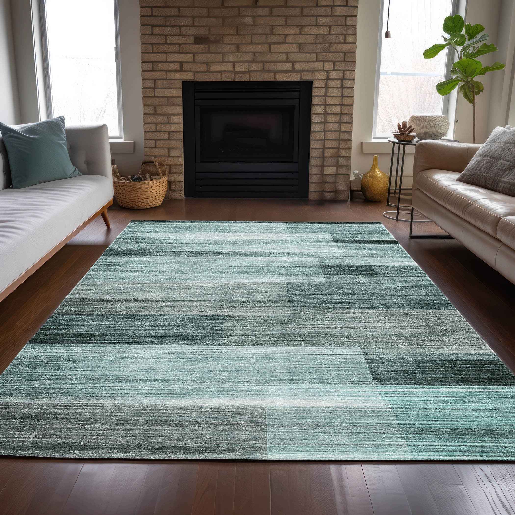 8' X 10' Teal Blue And Ivory Striped Washable Indoor Outdoor Area Rug
