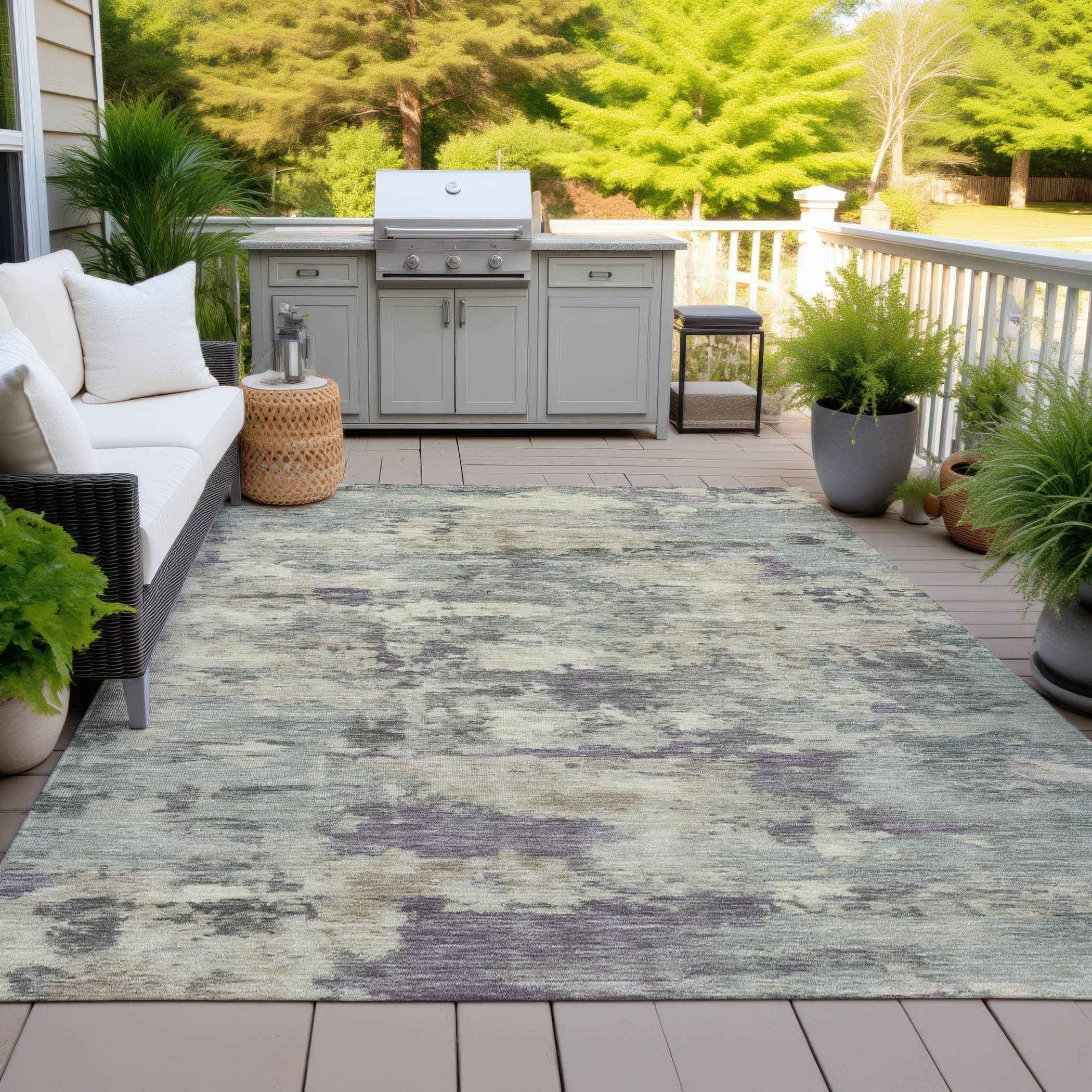 8' X 10' Sage Gray And Plum Abstract Washable Indoor Outdoor Area Rug