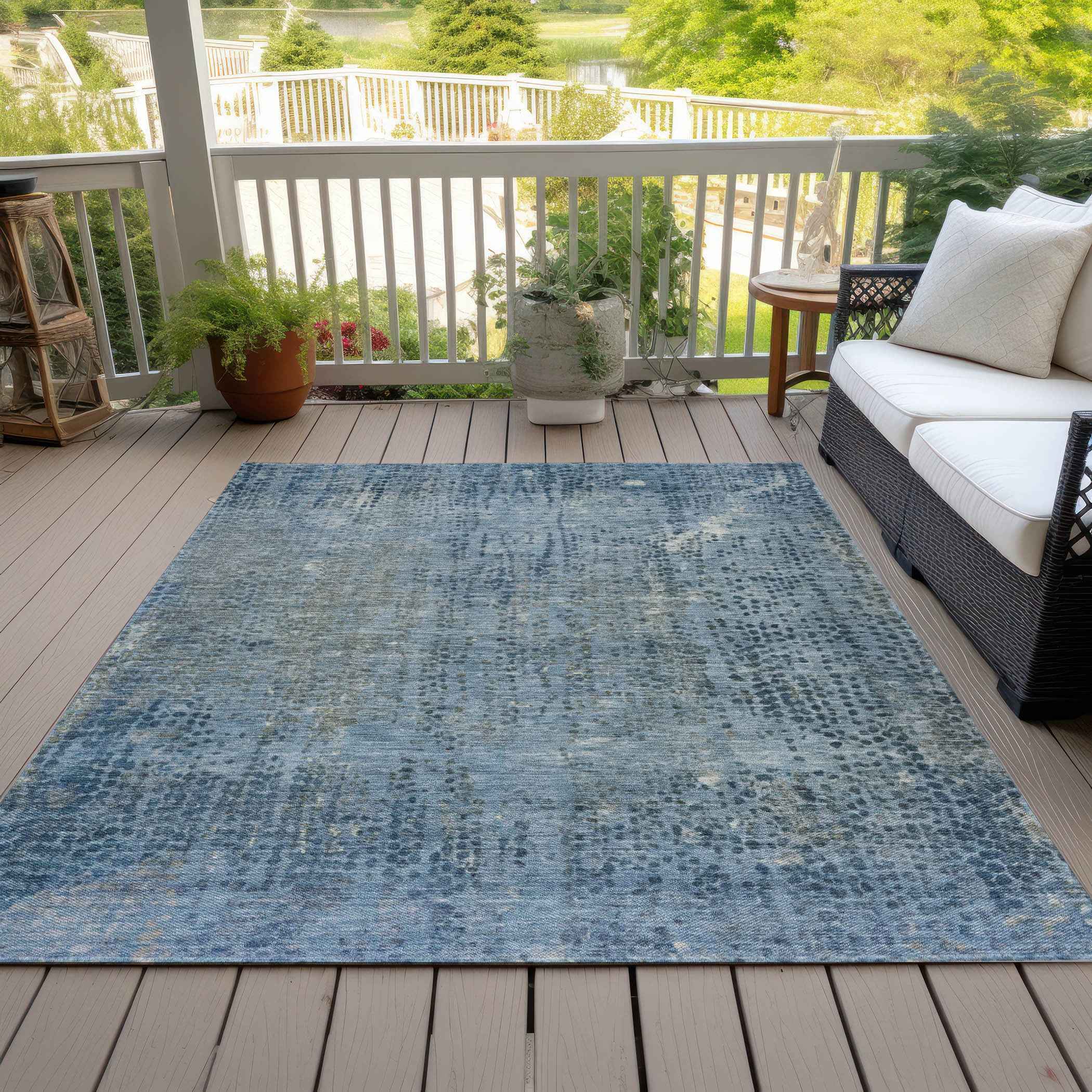 9' X 12' Blue And Ivory Abstract Washable Indoor Outdoor Area Rug