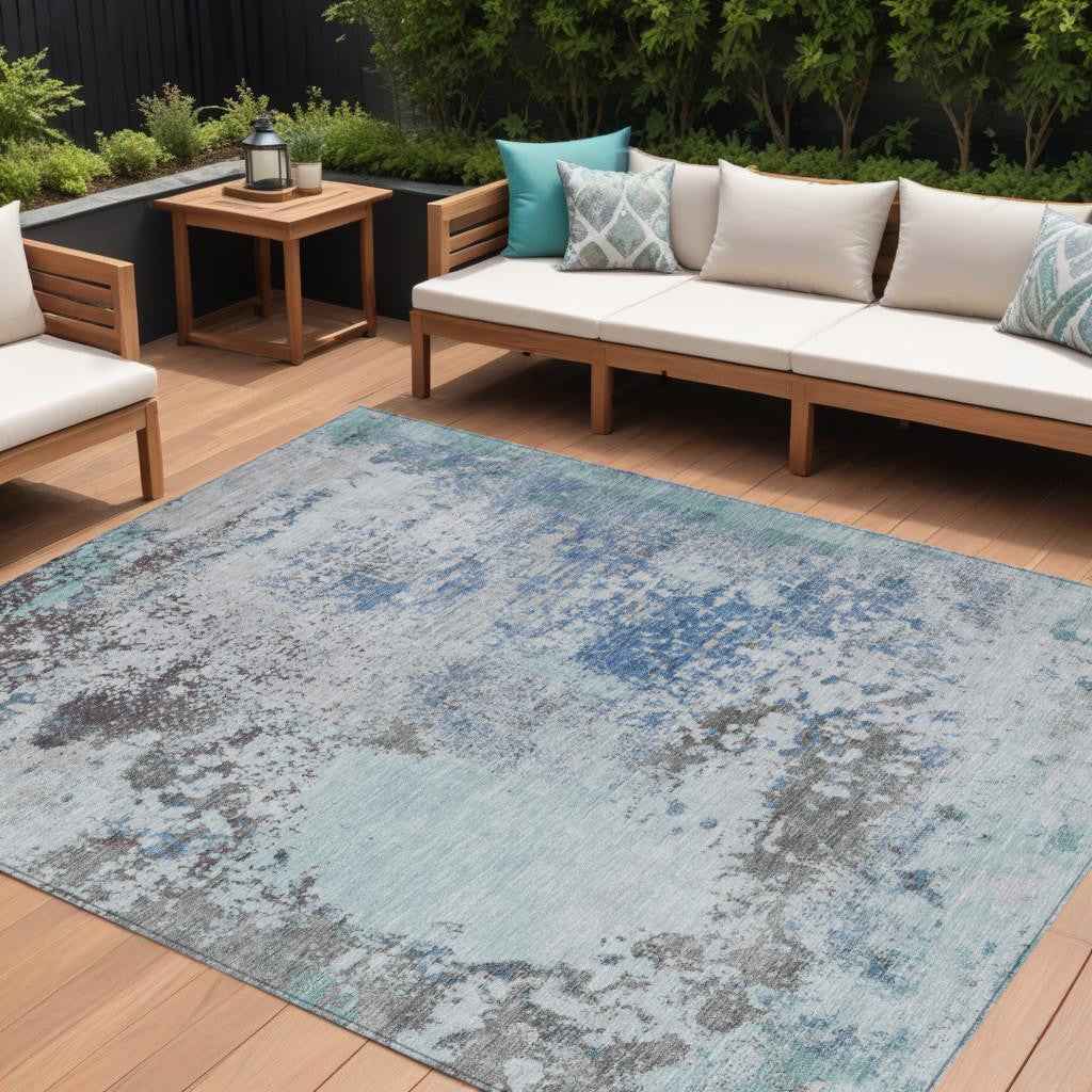8' X 10' Turquoise Denim Blue And Gray Abstract Washable Indoor Outdoor Area Rug