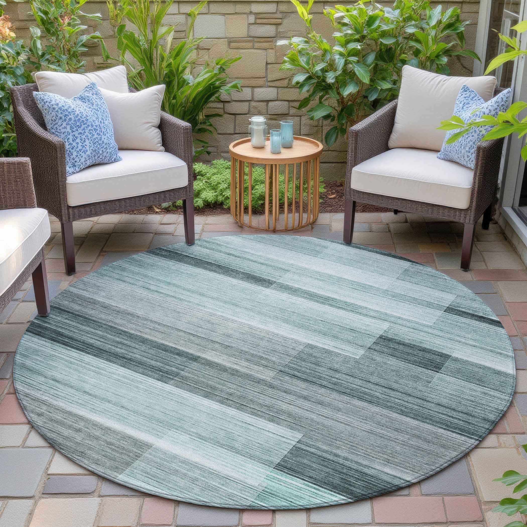 8' Teal Blue And Ivory Round Striped Washable Indoor Outdoor Area Rug