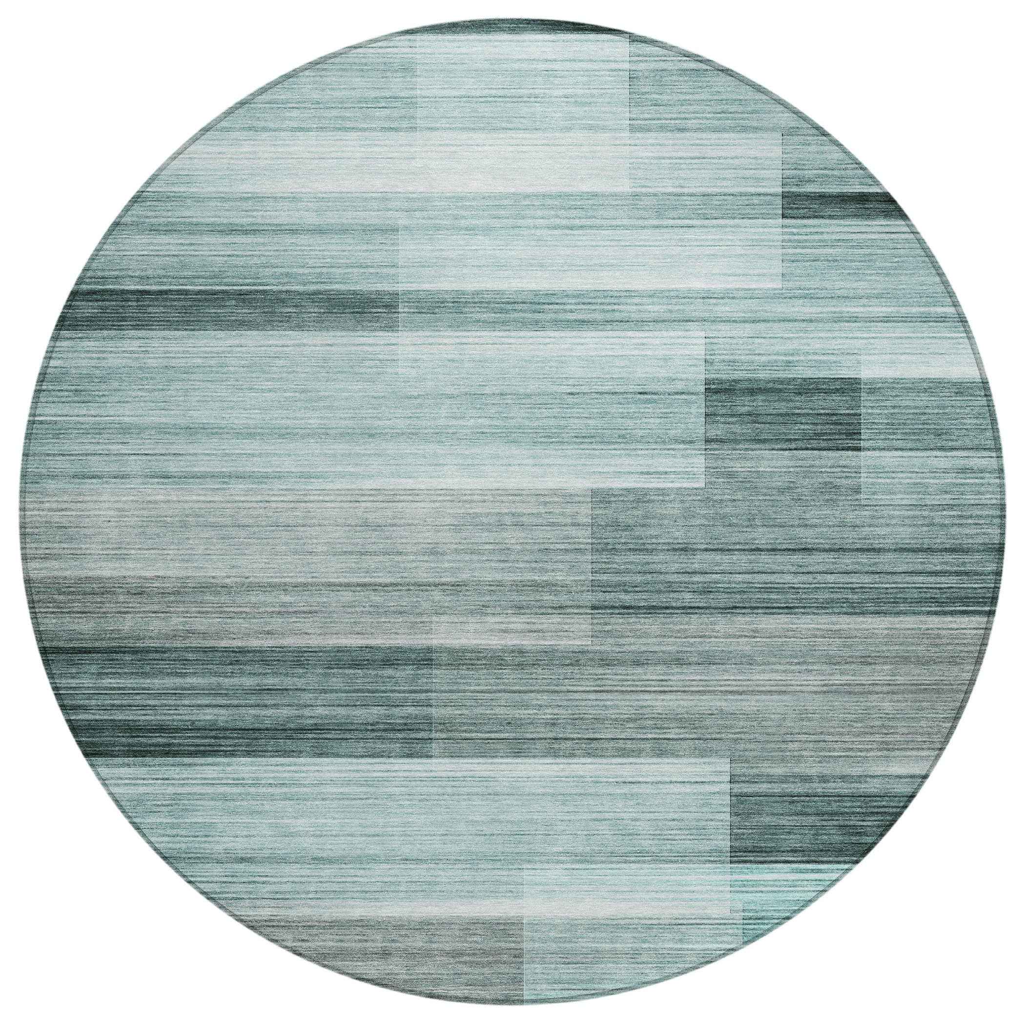 8' Teal Blue And Ivory Round Striped Washable Indoor Outdoor Area Rug