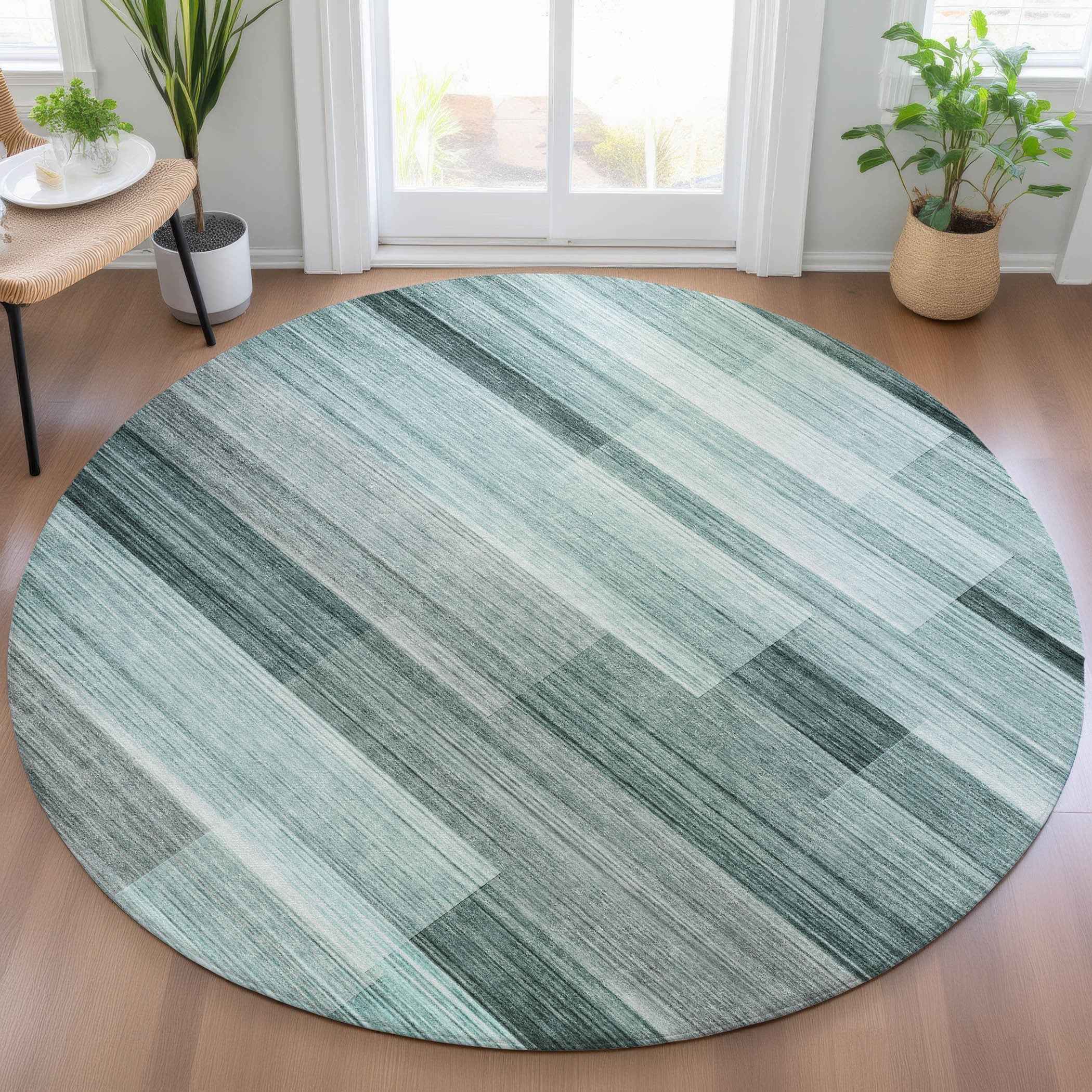 8' Teal Blue And Ivory Round Striped Washable Indoor Outdoor Area Rug