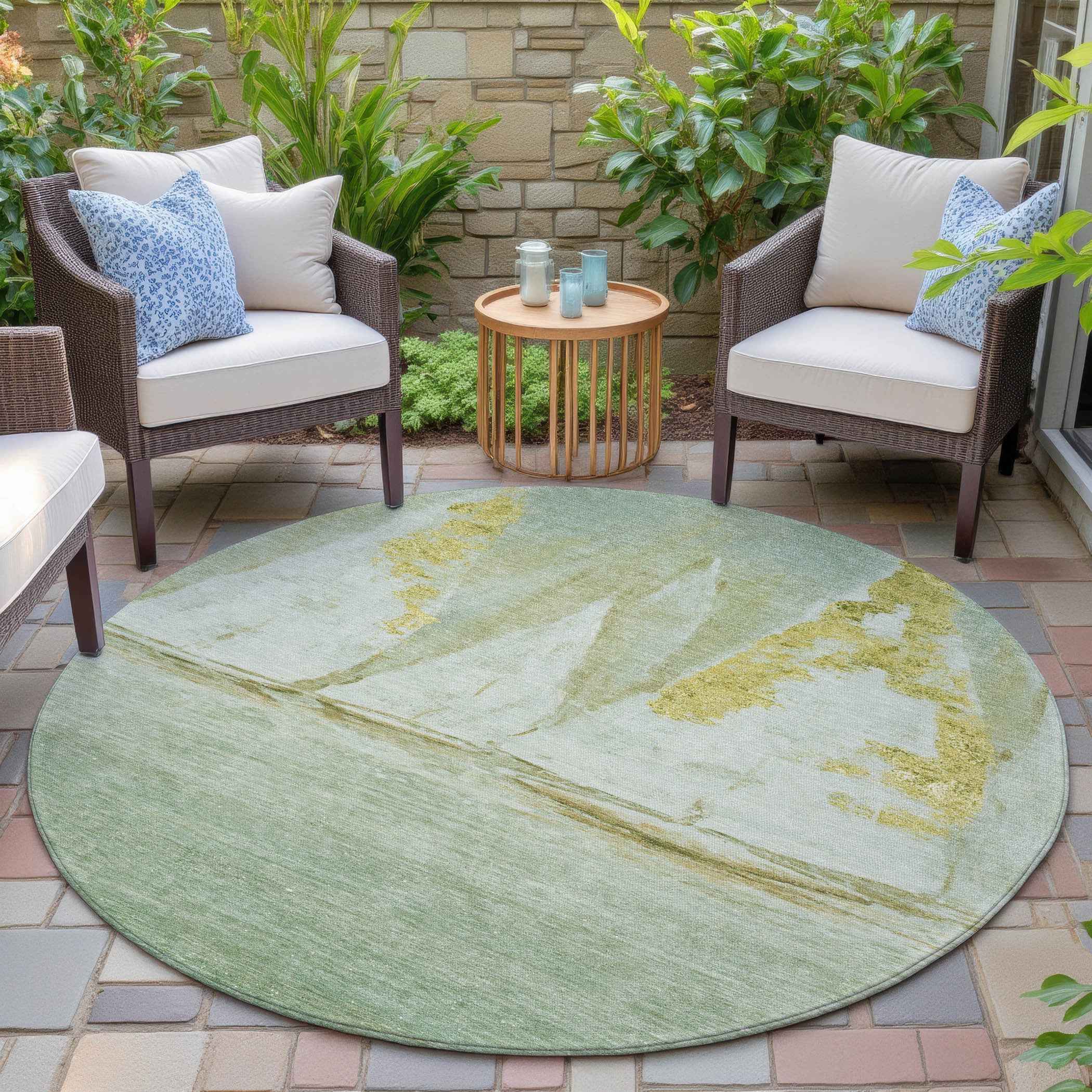 8' Green And Gold Round Nautical Washable Indoor Outdoor Area Rug