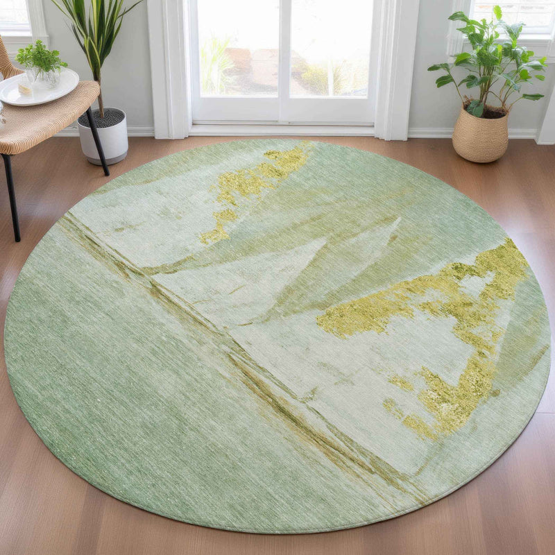 8' Green And Gold Round Nautical Washable Indoor Outdoor Area Rug