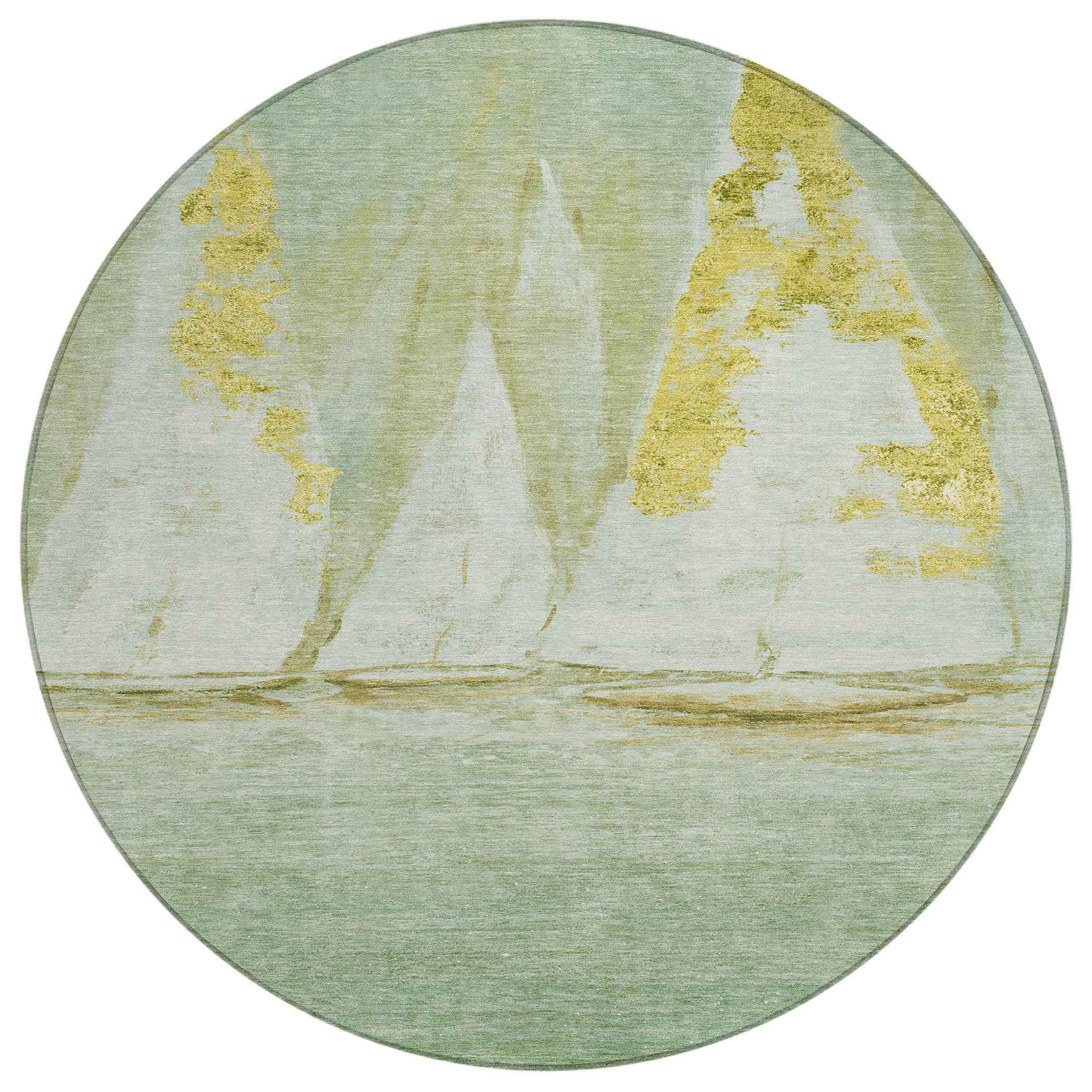 8' Green And Gold Round Nautical Washable Indoor Outdoor Area Rug