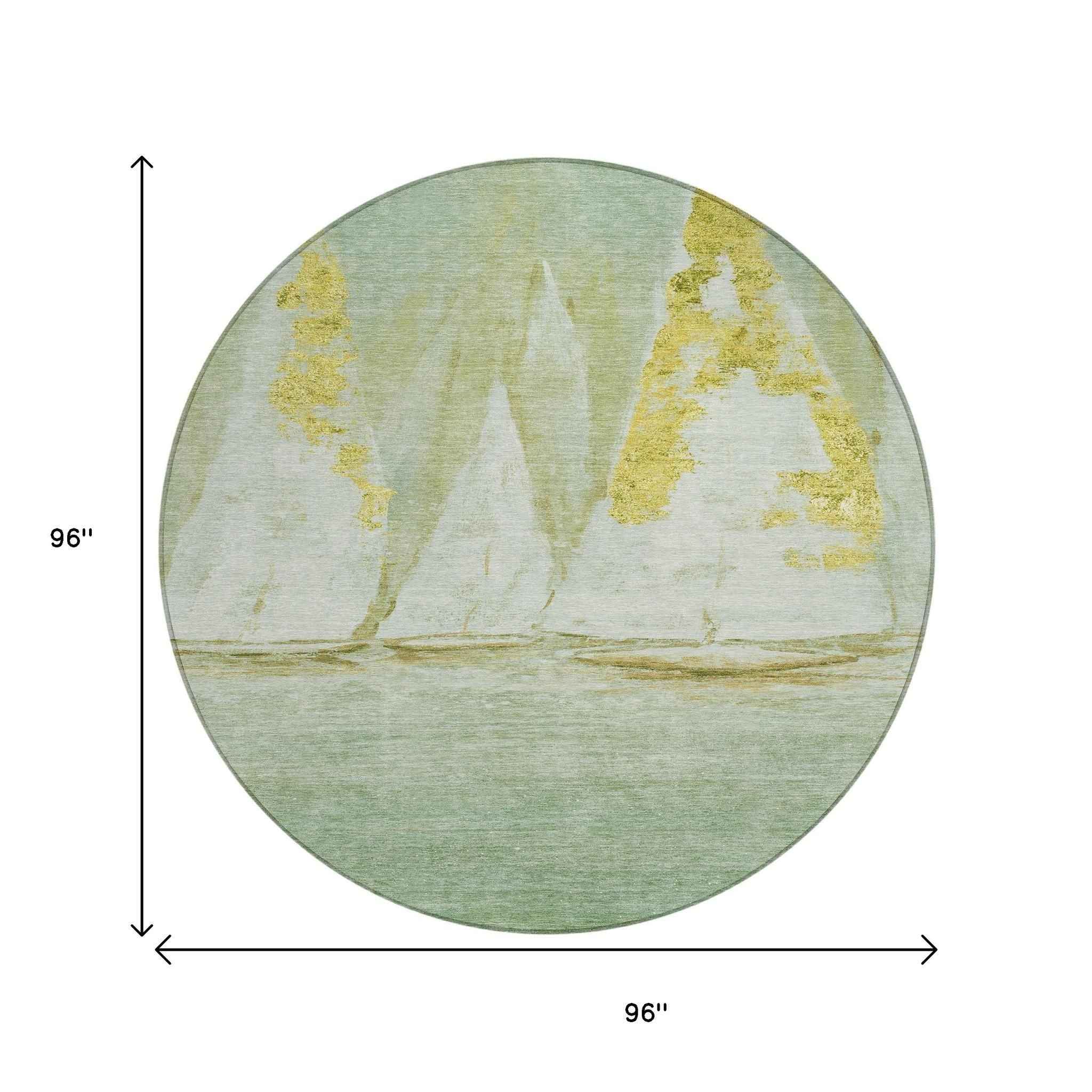 8' Green And Gold Round Nautical Washable Indoor Outdoor Area Rug