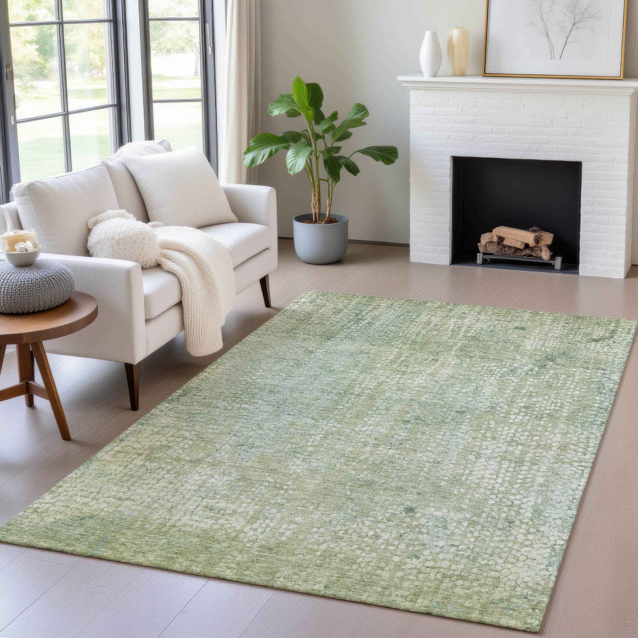 8' X 10' Green And Ivory Abstract Washable Indoor Outdoor Area Rug