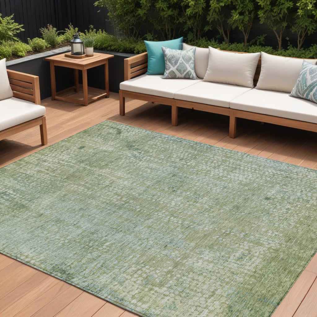 9' X 12' Green And Ivory Abstract Washable Indoor Outdoor Area Rug