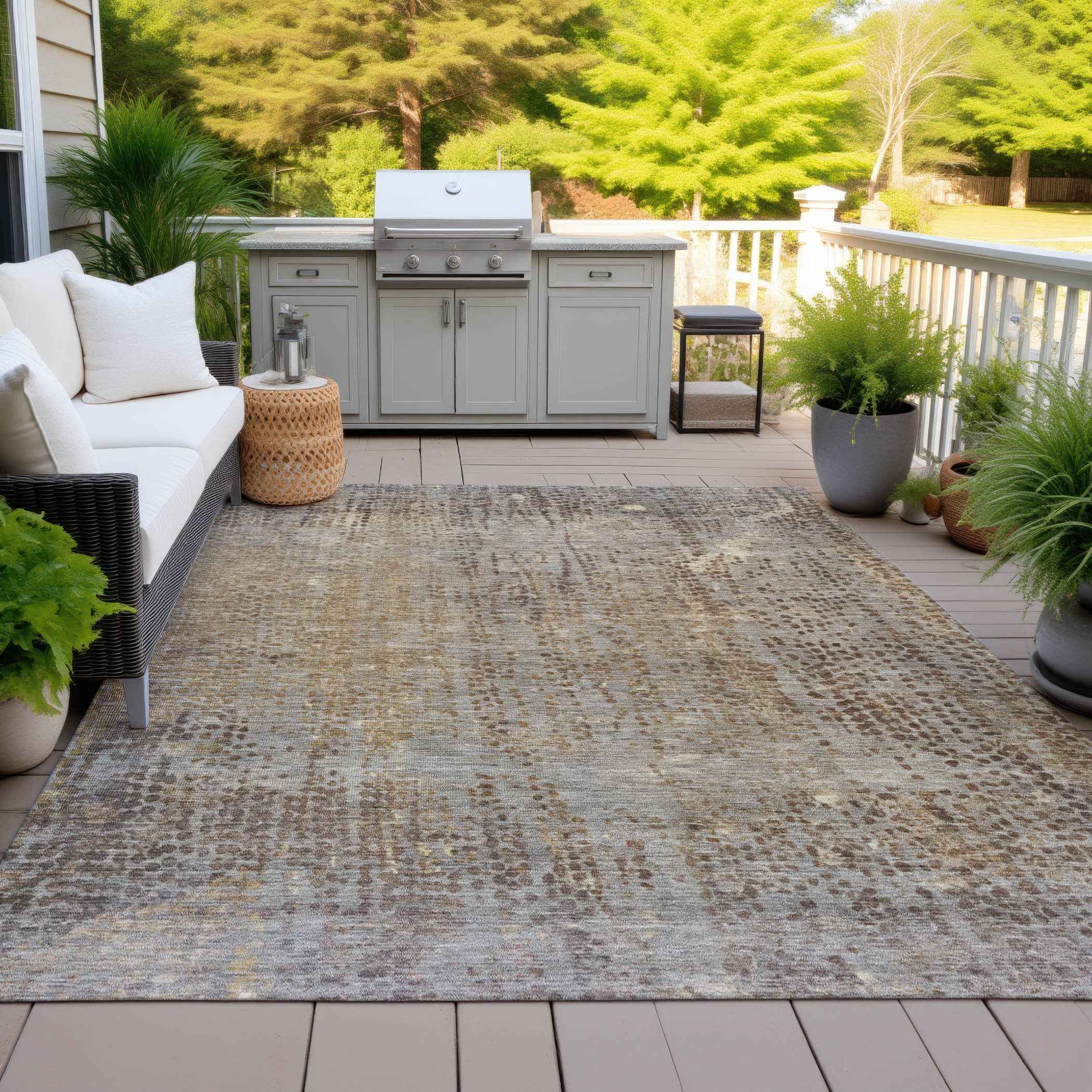 8' X 10' Brown And Ivory Abstract Washable Indoor Outdoor Area Rug
