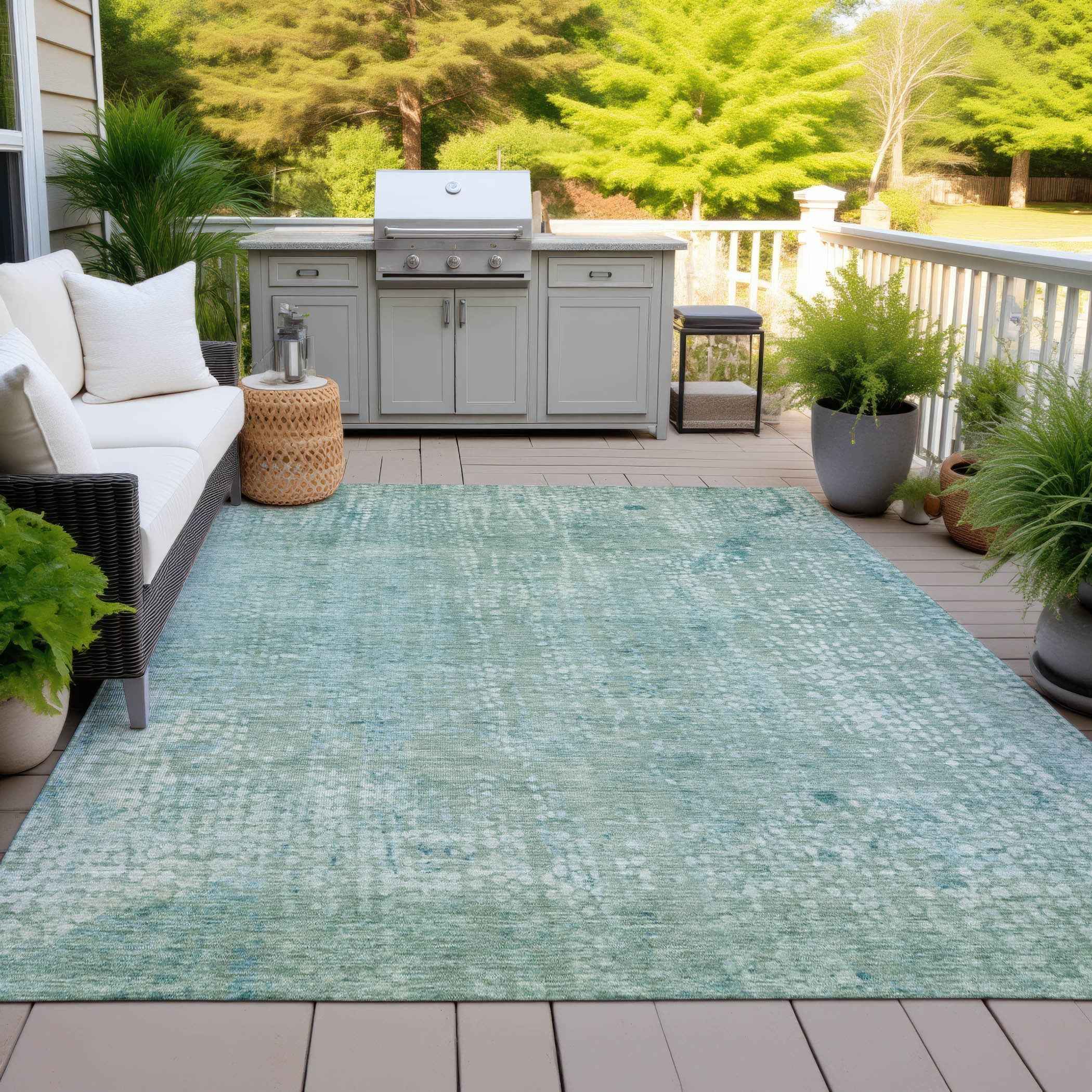 8' X 10' Teal Blue And Ivory Abstract Washable Indoor Outdoor Area Rug