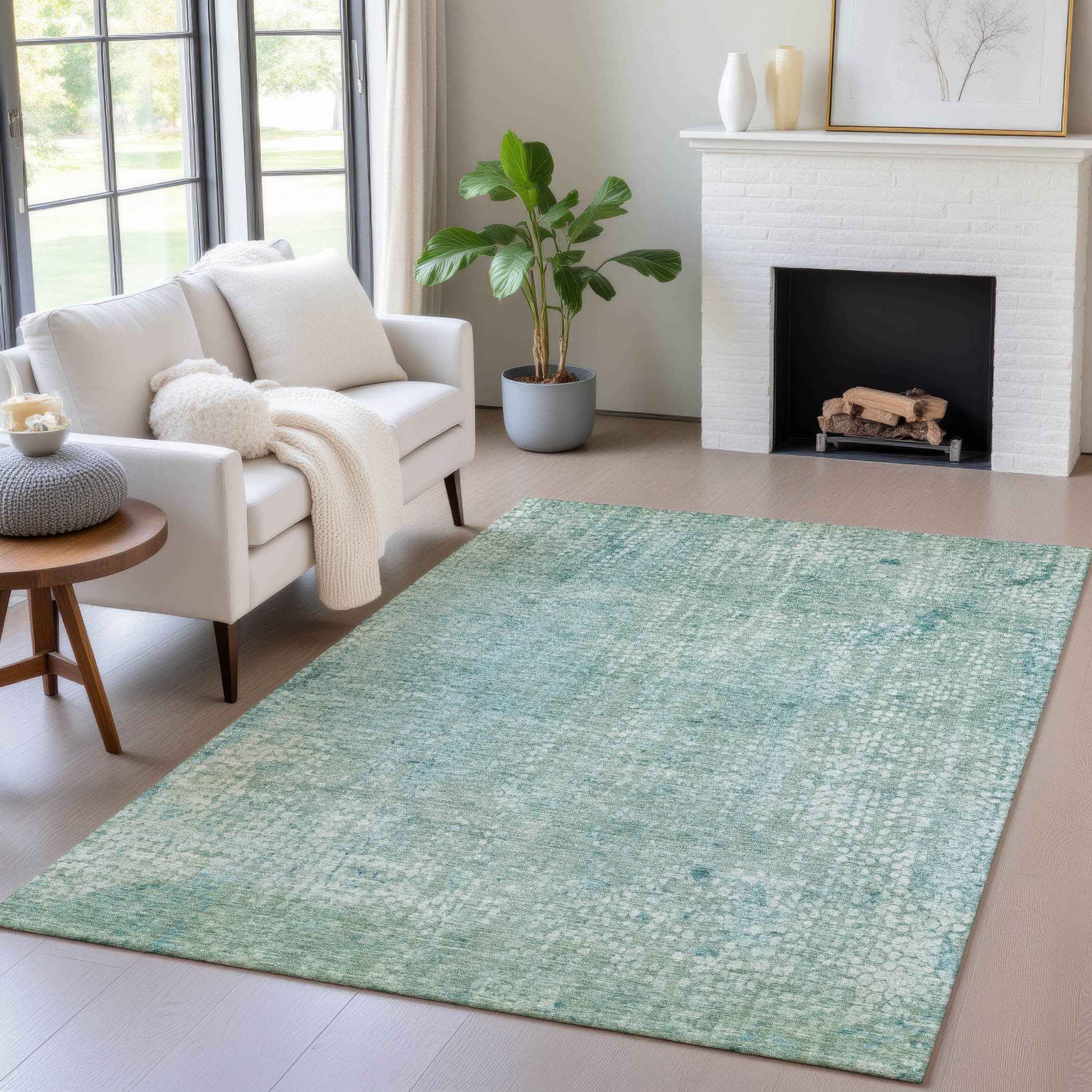 8' X 10' Teal Blue And Ivory Abstract Washable Indoor Outdoor Area Rug