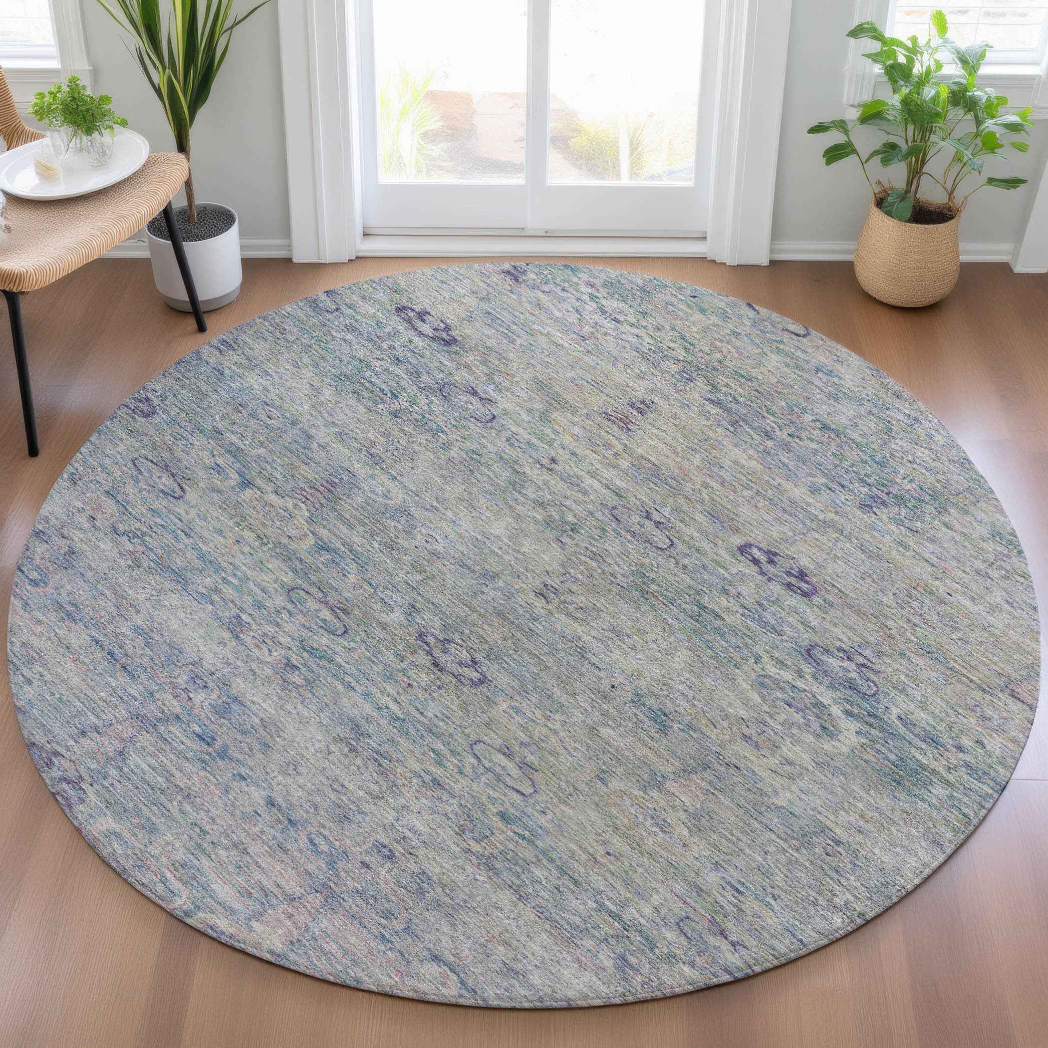8' Plum And Silver Round Oriental Washable Indoor Outdoor Area Rug
