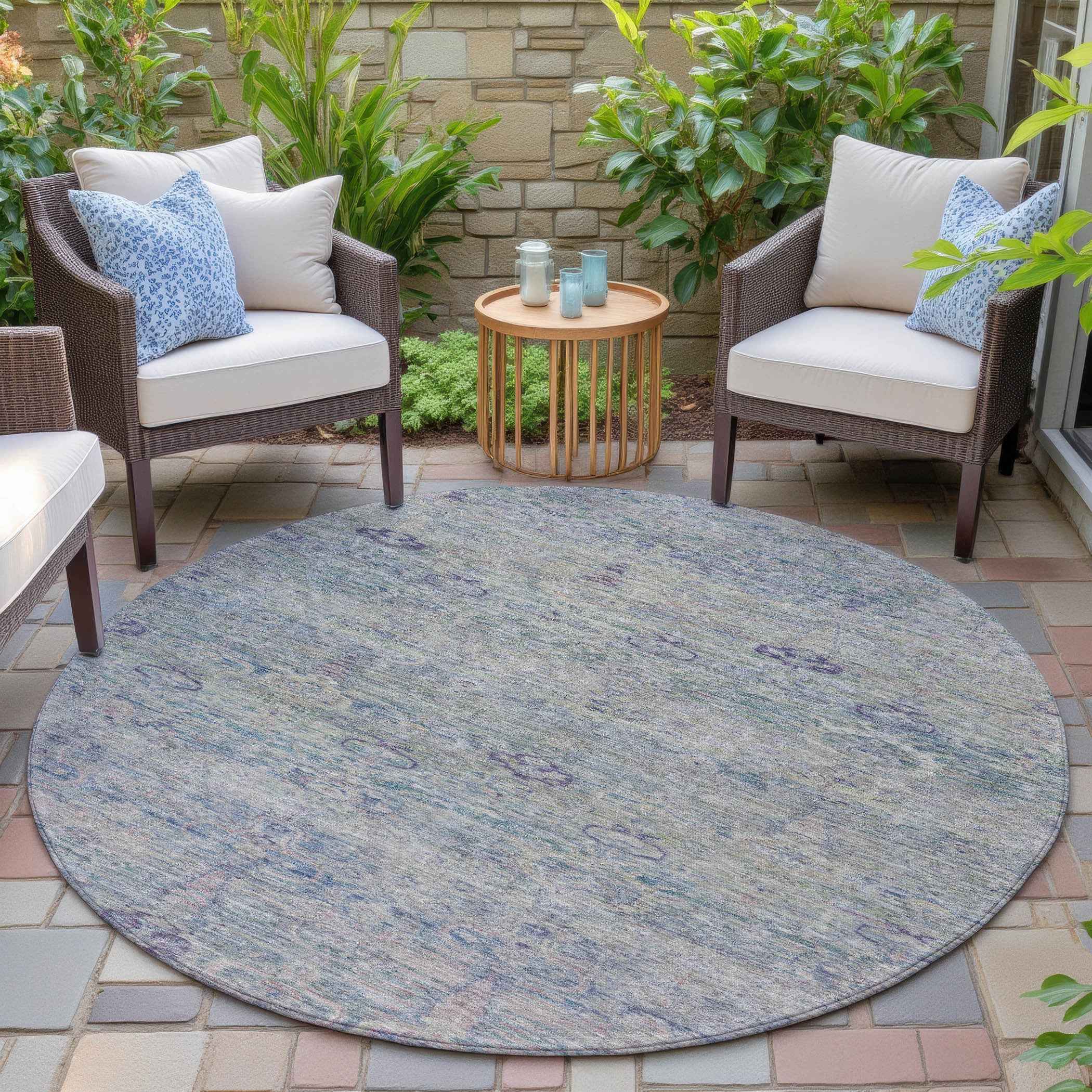 8' Plum And Silver Round Oriental Washable Indoor Outdoor Area Rug