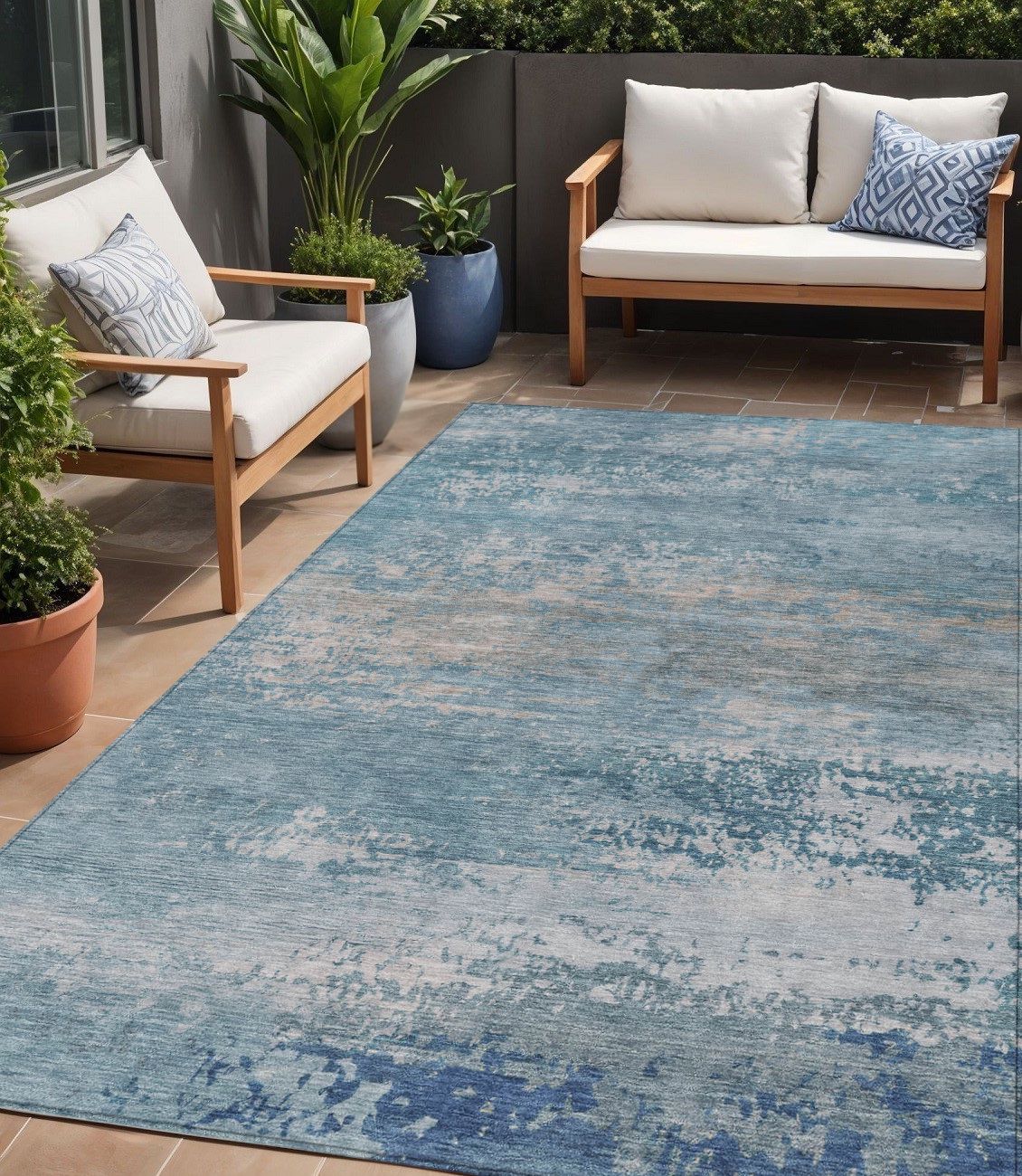 5' X 8' Sky Blue And Gray Abstract Washable Indoor Outdoor Area Rug - Sports & Outdoor
