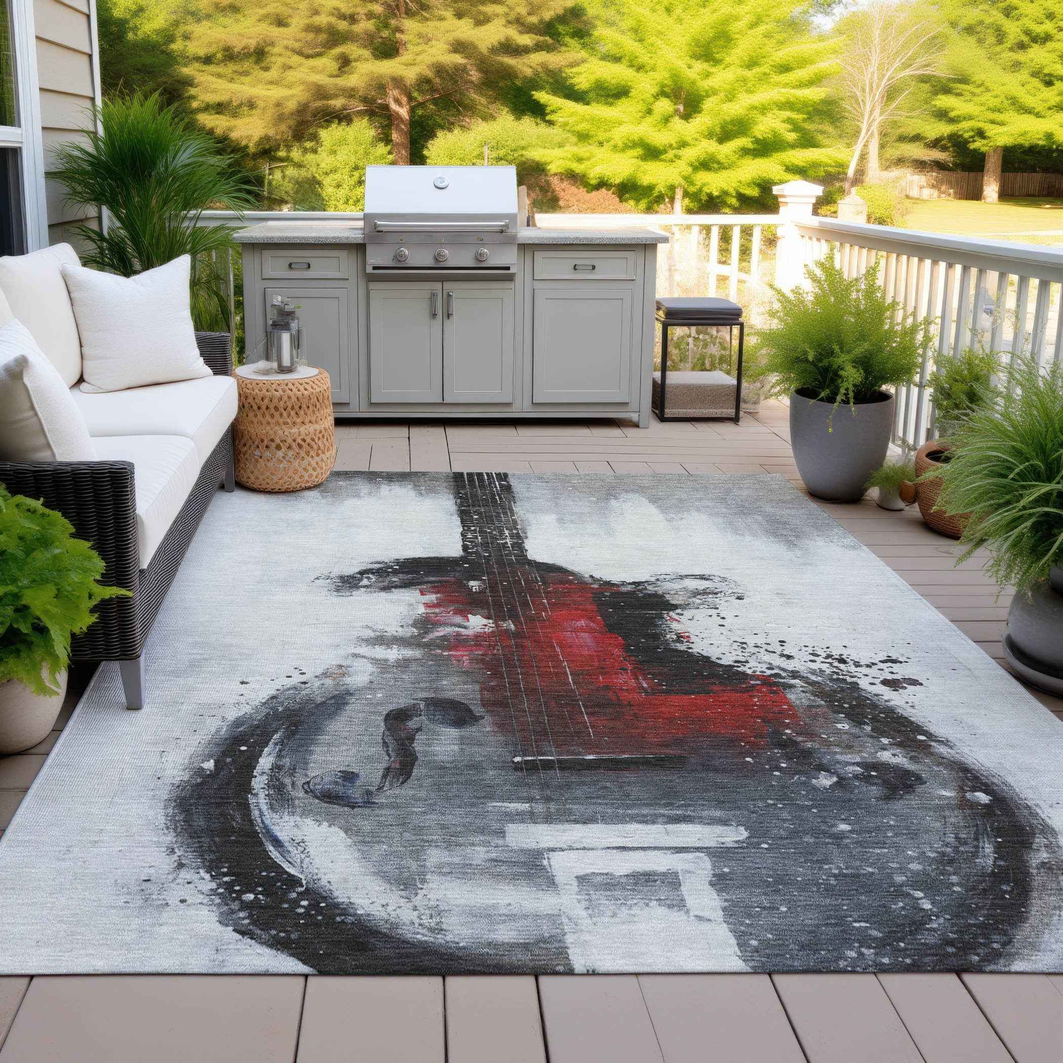 9' X 12' Gray Charcoal And Red Abstract Washable Indoor Outdoor Area Rug