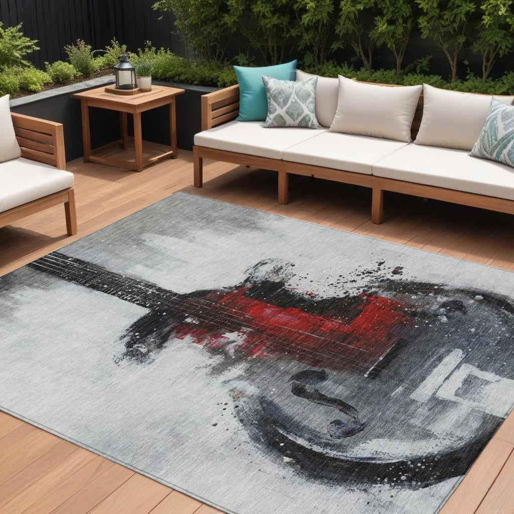 9' X 12' Gray Charcoal And Red Abstract Washable Indoor Outdoor Area Rug