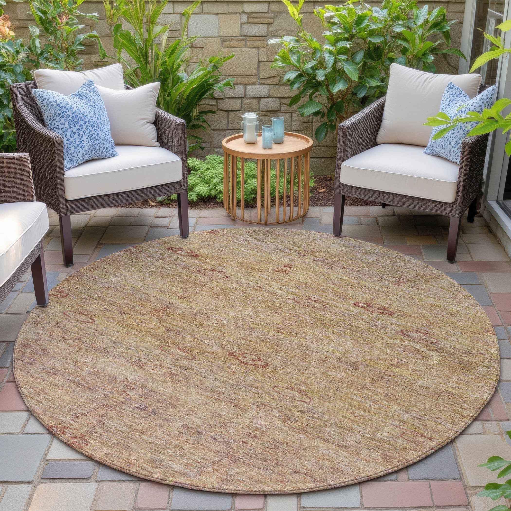 8' Coral And Copper Round Oriental Washable Indoor Outdoor Area Rug