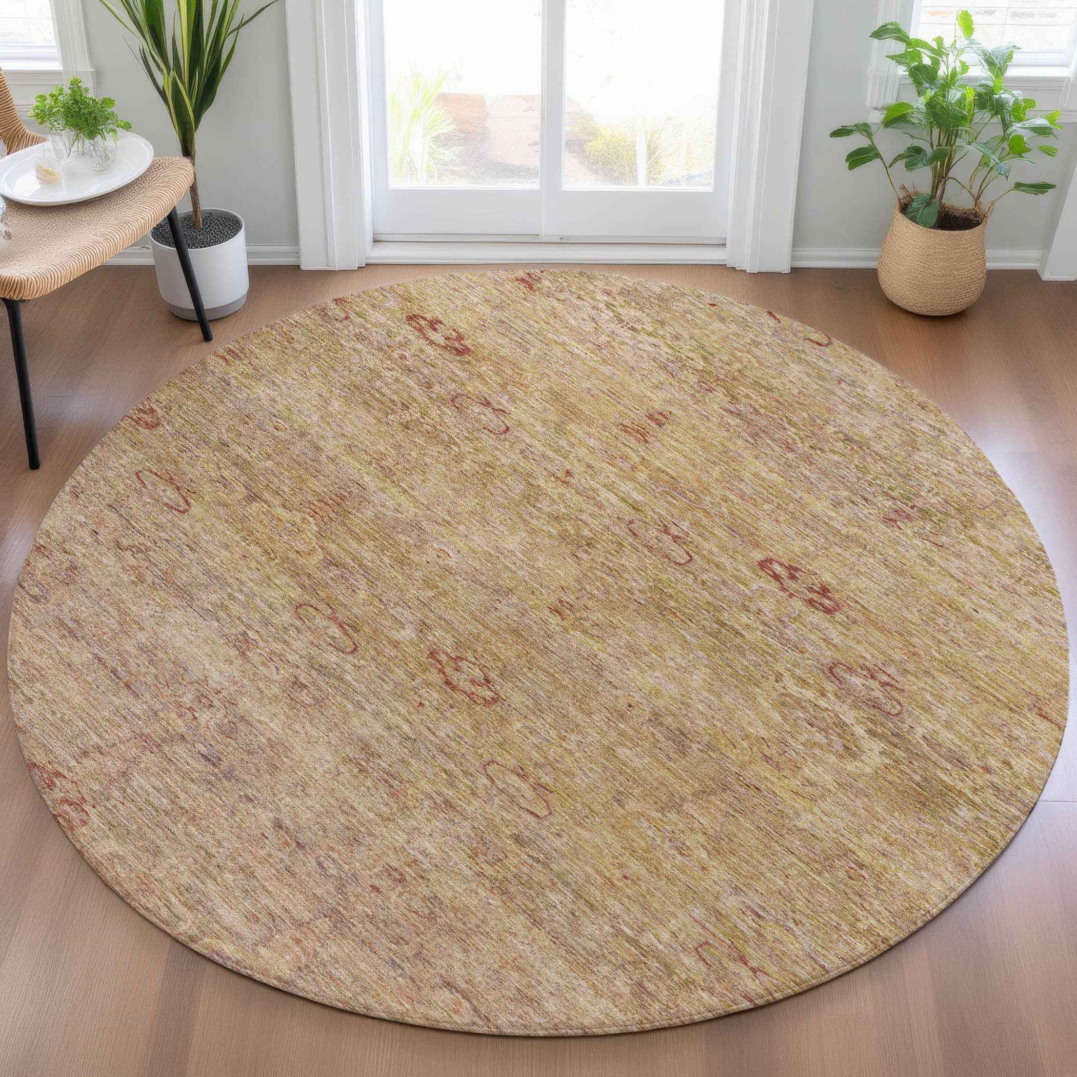 8' Coral And Copper Round Oriental Washable Indoor Outdoor Area Rug