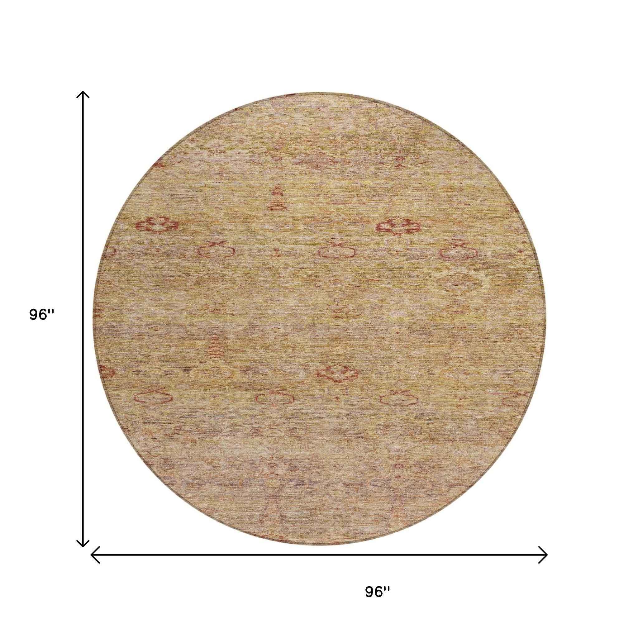 8' Coral And Copper Round Oriental Washable Indoor Outdoor Area Rug