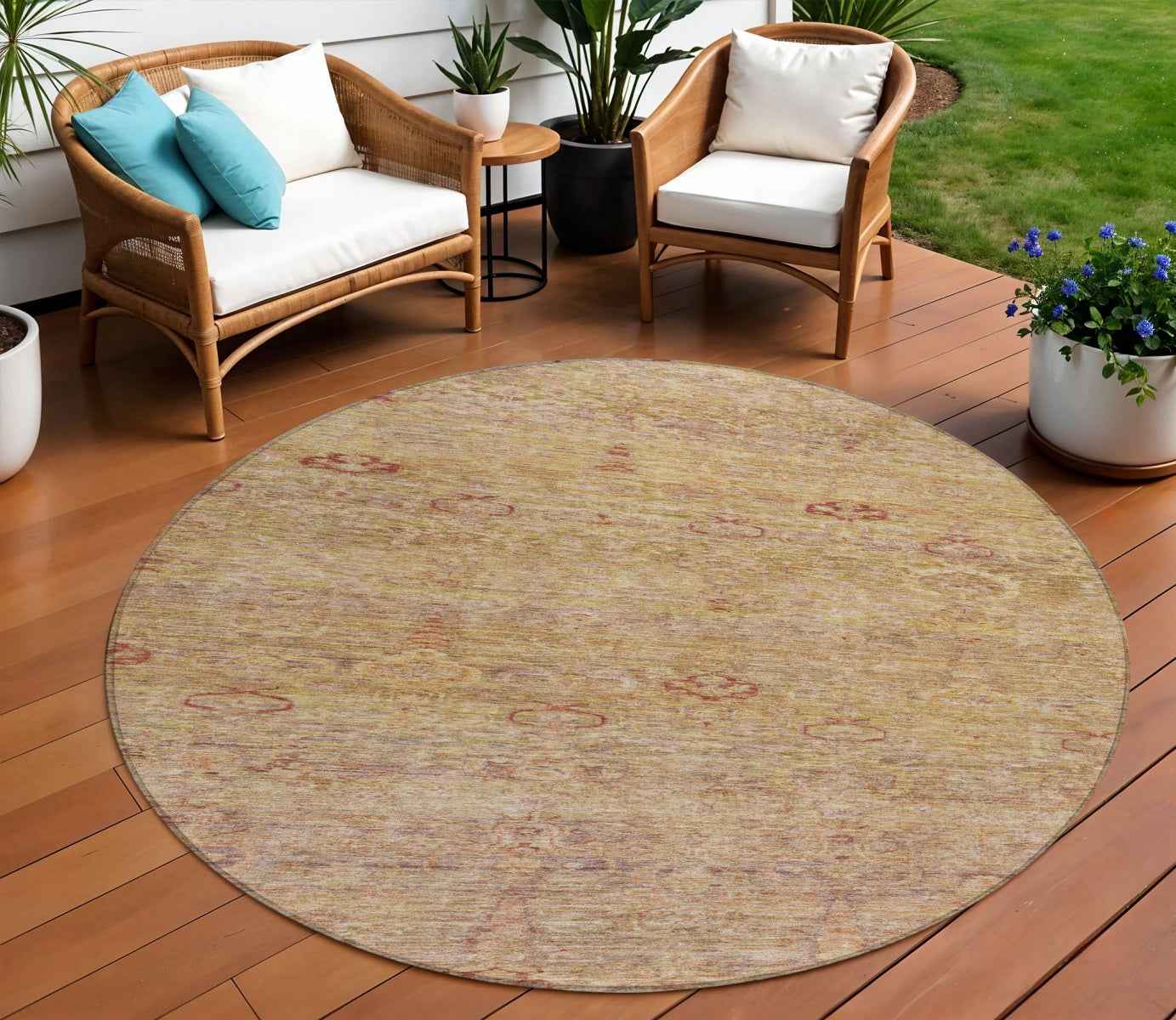8' Coral And Copper Round Oriental Washable Indoor Outdoor Area Rug