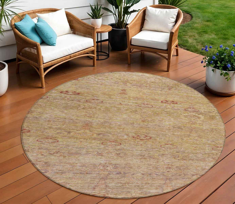 8' Coral And Copper Round Oriental Washable Indoor Outdoor Area Rug