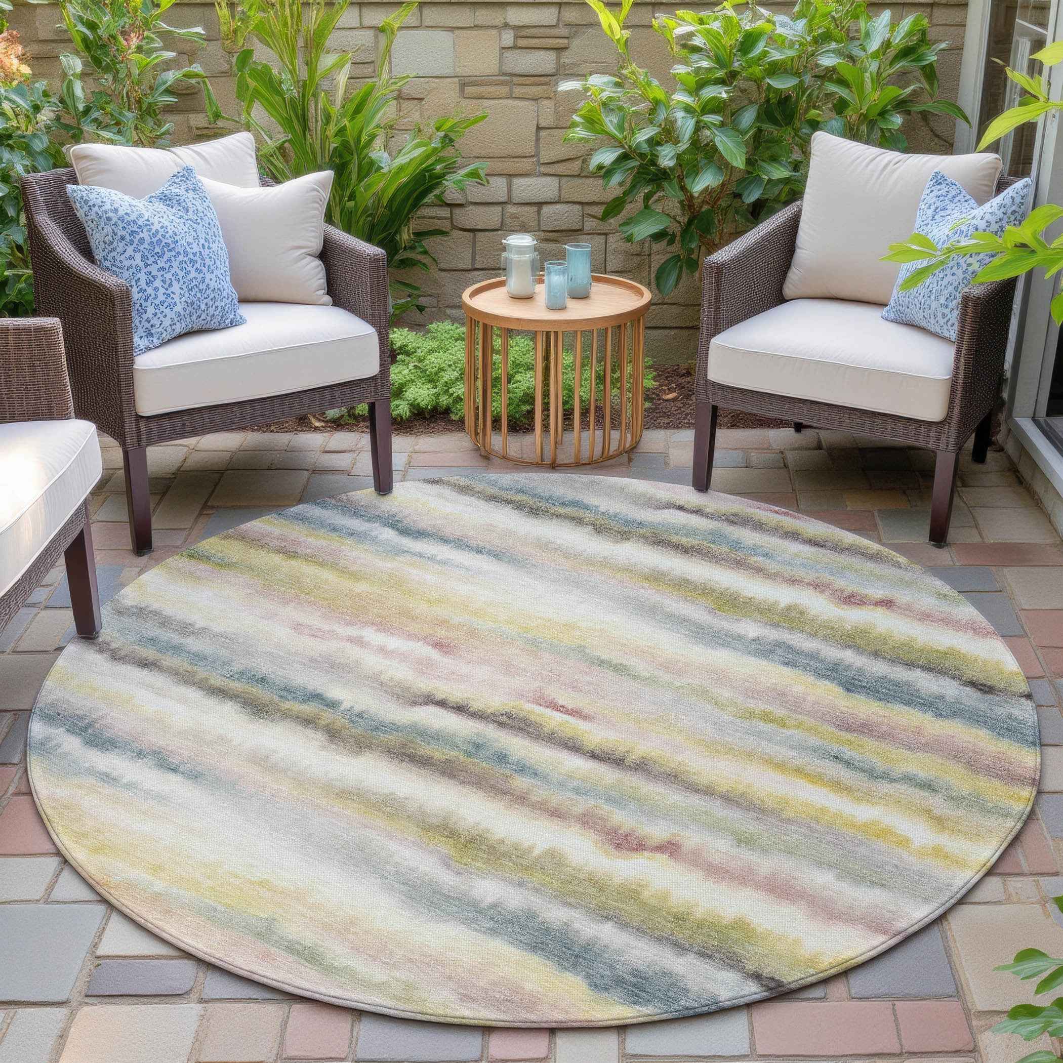 8' Gold Gray And Ivory Round Striped Washable Indoor Outdoor Area Rug